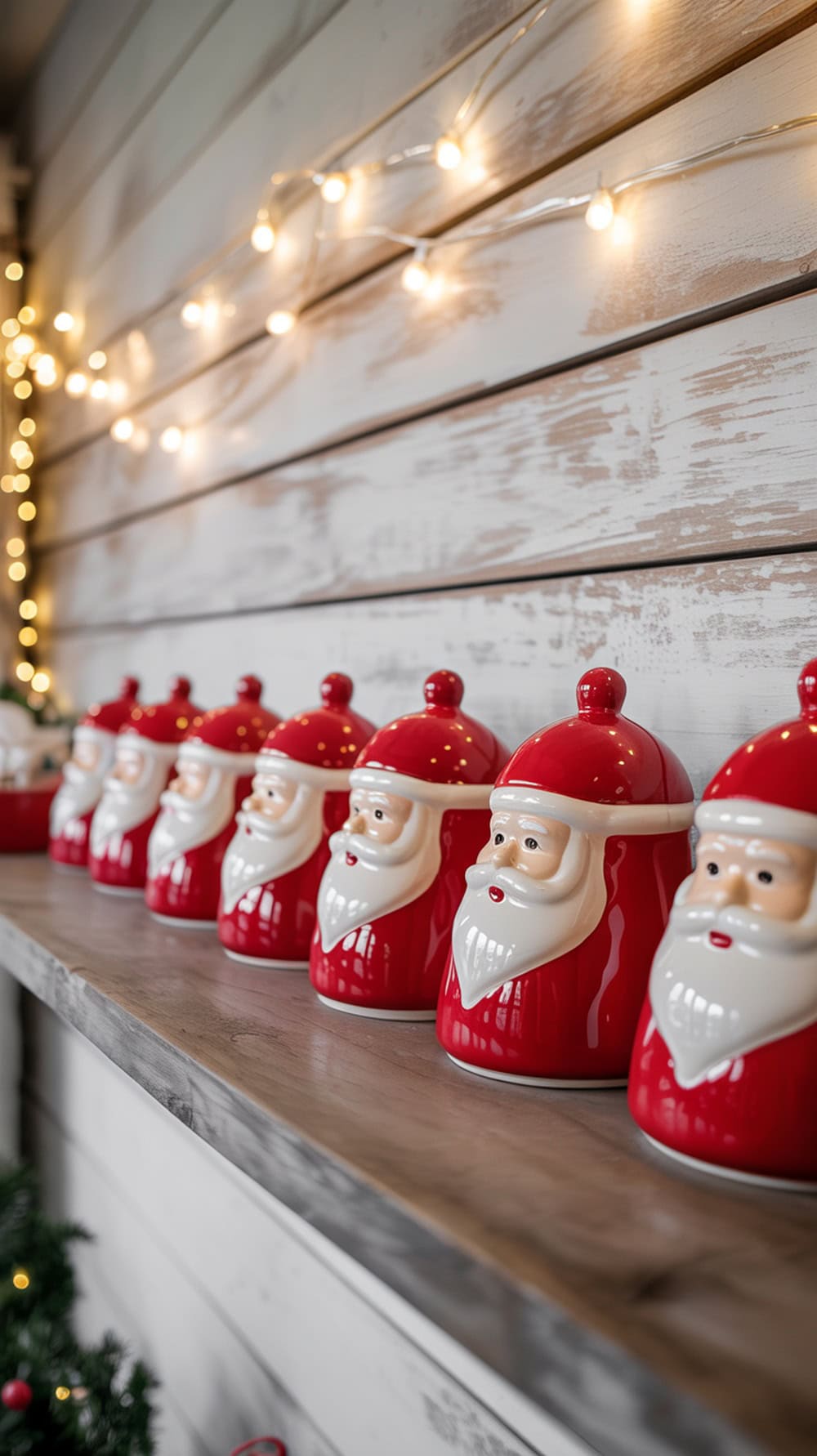 A row of red and white Santa mugs on a wooden shelf with fairy lights in the background.