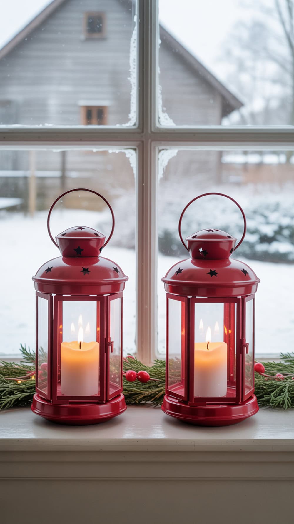 Two red candle lanterns with candles inside, placed on a windowsill decorated with greenery and berries, set against a snowy outdoor backdrop.