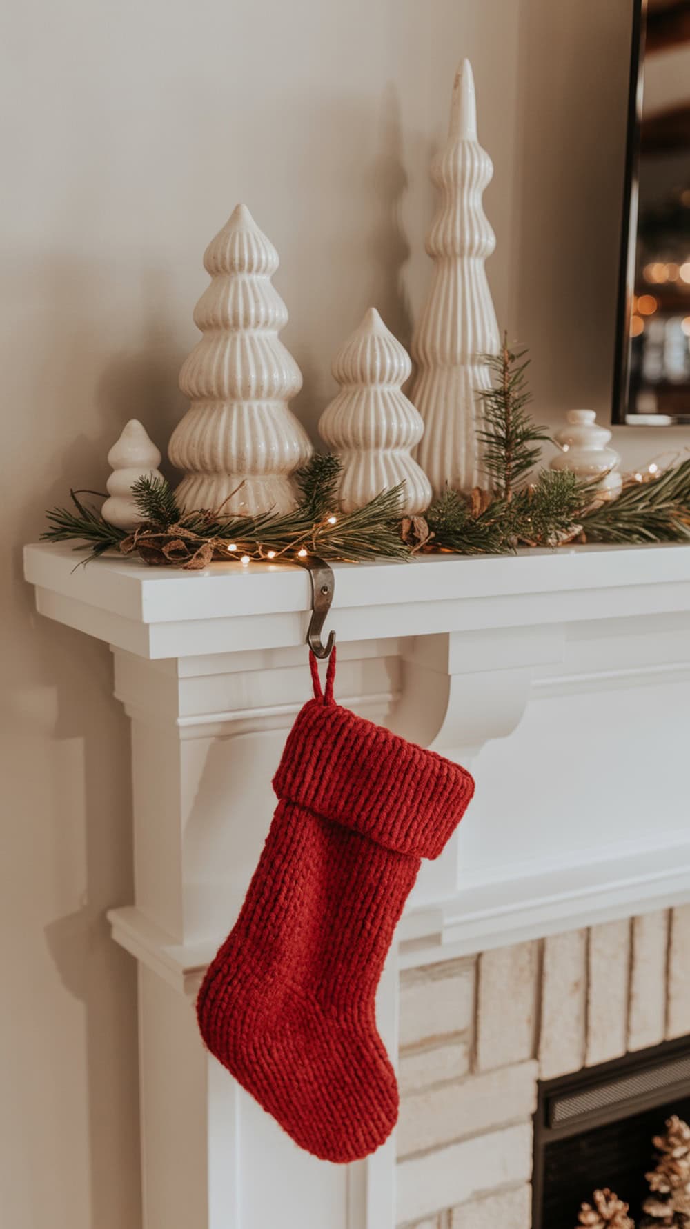 A red knit Christmas stocking hanging from a shelf hook, surrounded by white ceramic trees and greenery.