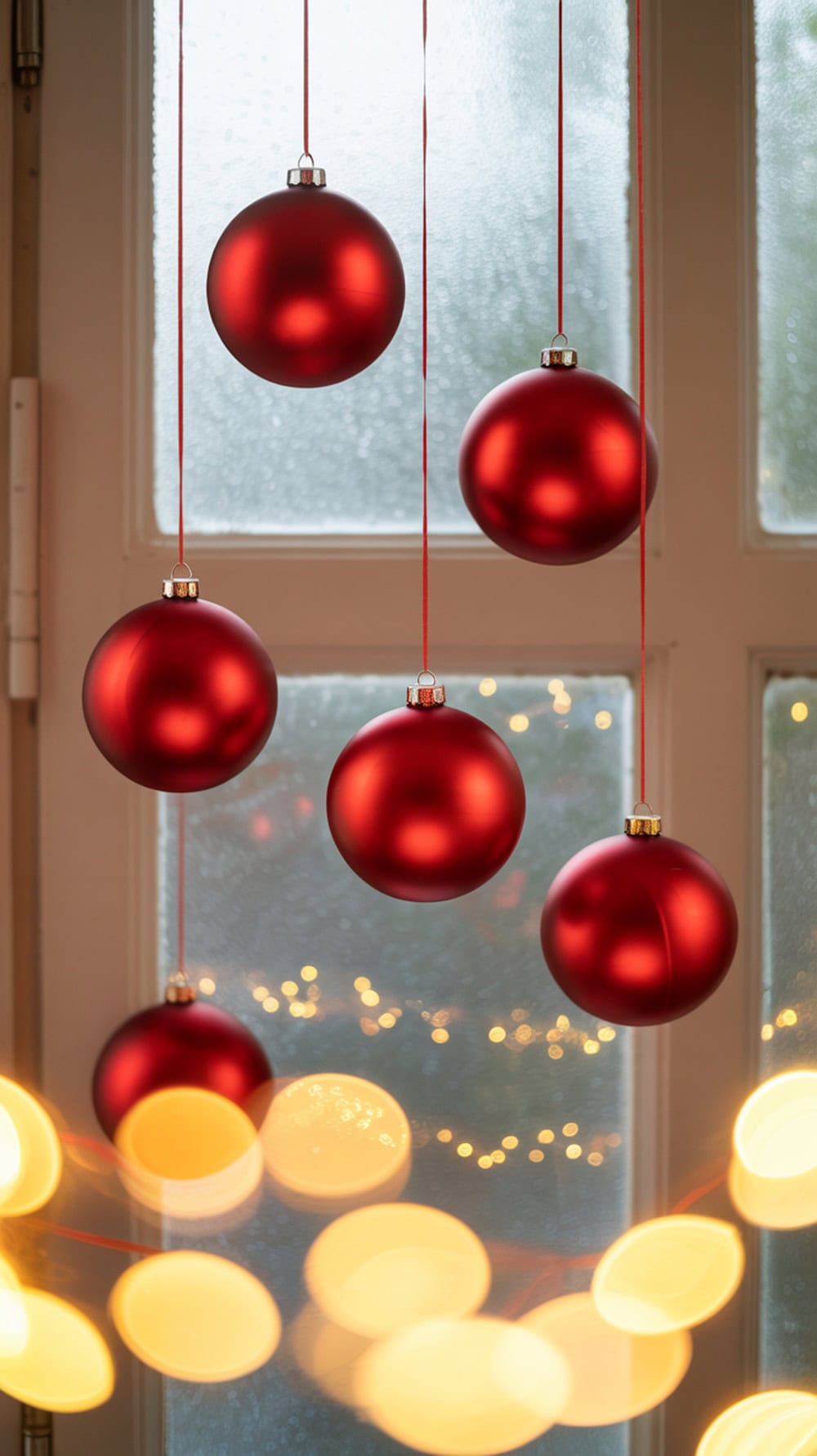 Red ornaments hanging in front of a glass window with soft bokeh lights in the background.