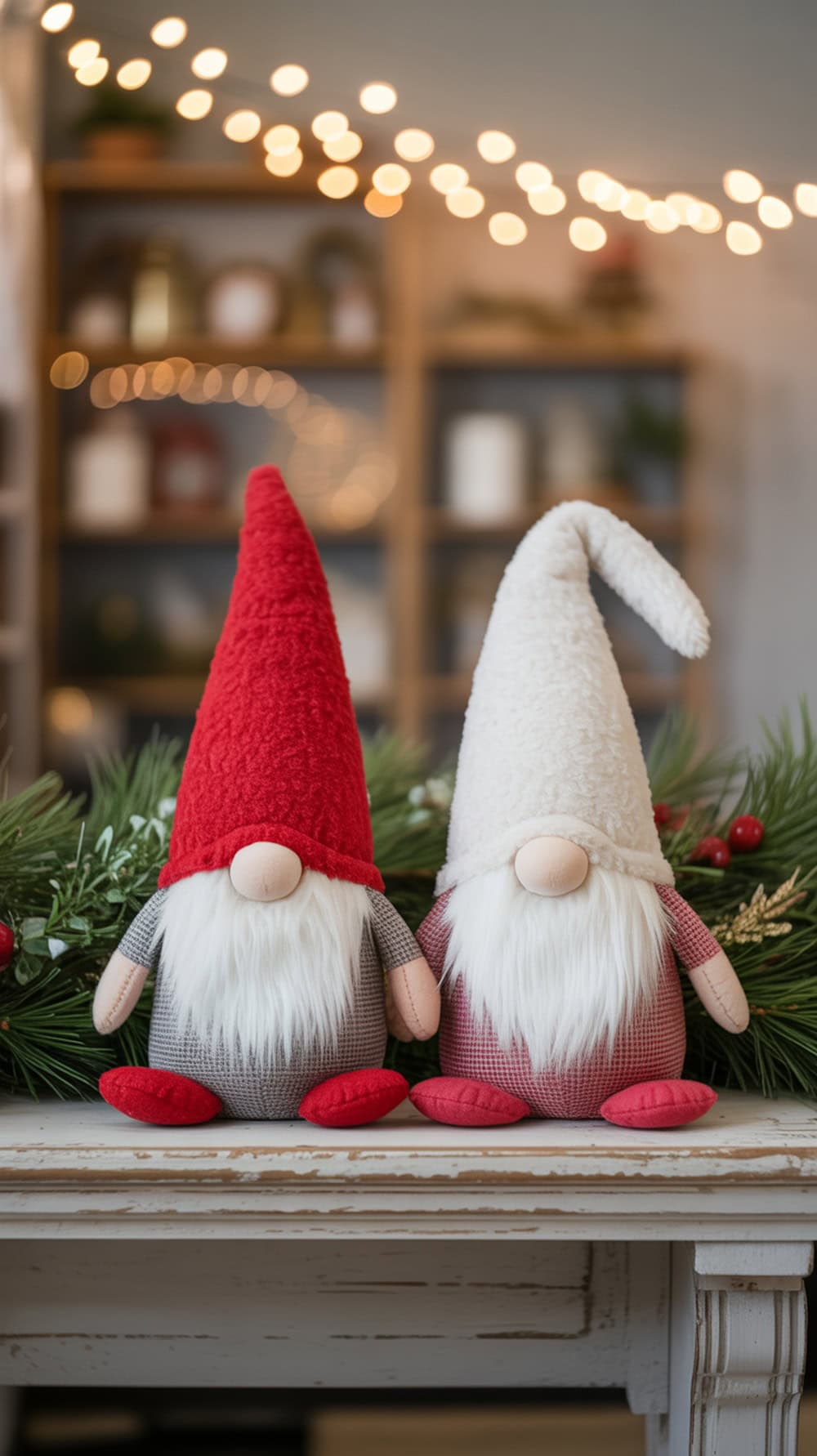A pair of red and white gnomes sitting on a shelf decorated with holiday greenery.