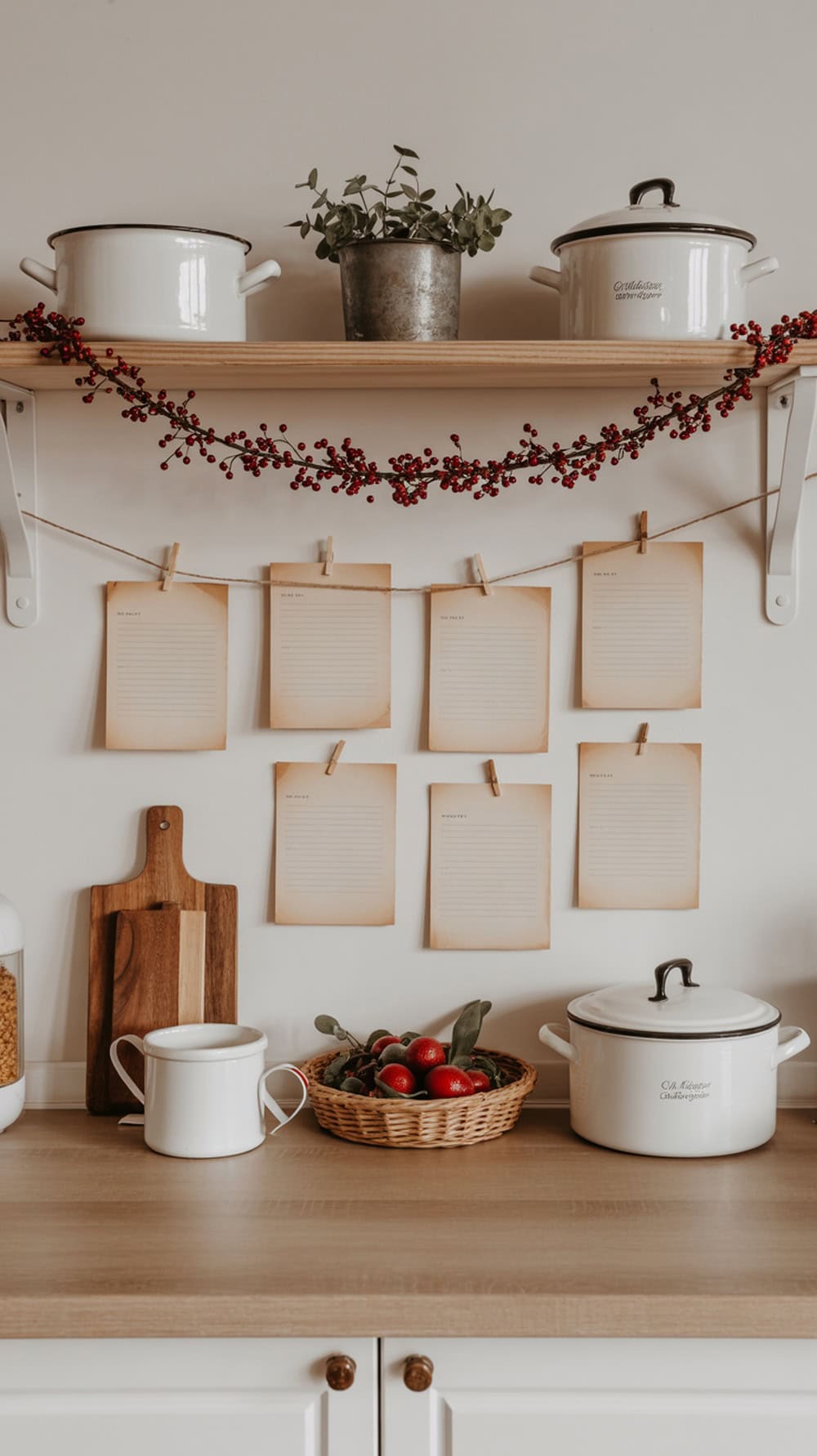 A kitchen shelf decorated with a red berry garland and white kitchenware, featuring recipe cards hanging above.