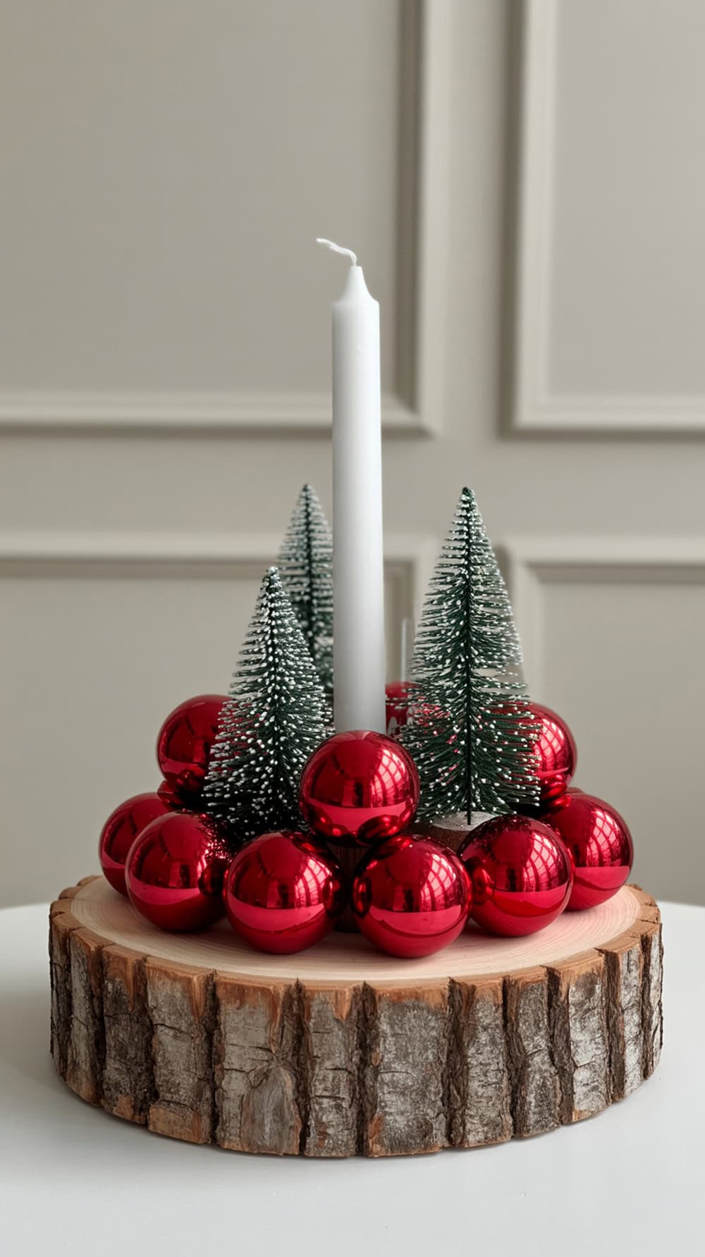 A rustic tree slice centerpiece with a white candle, red ornaments, and miniature green trees.