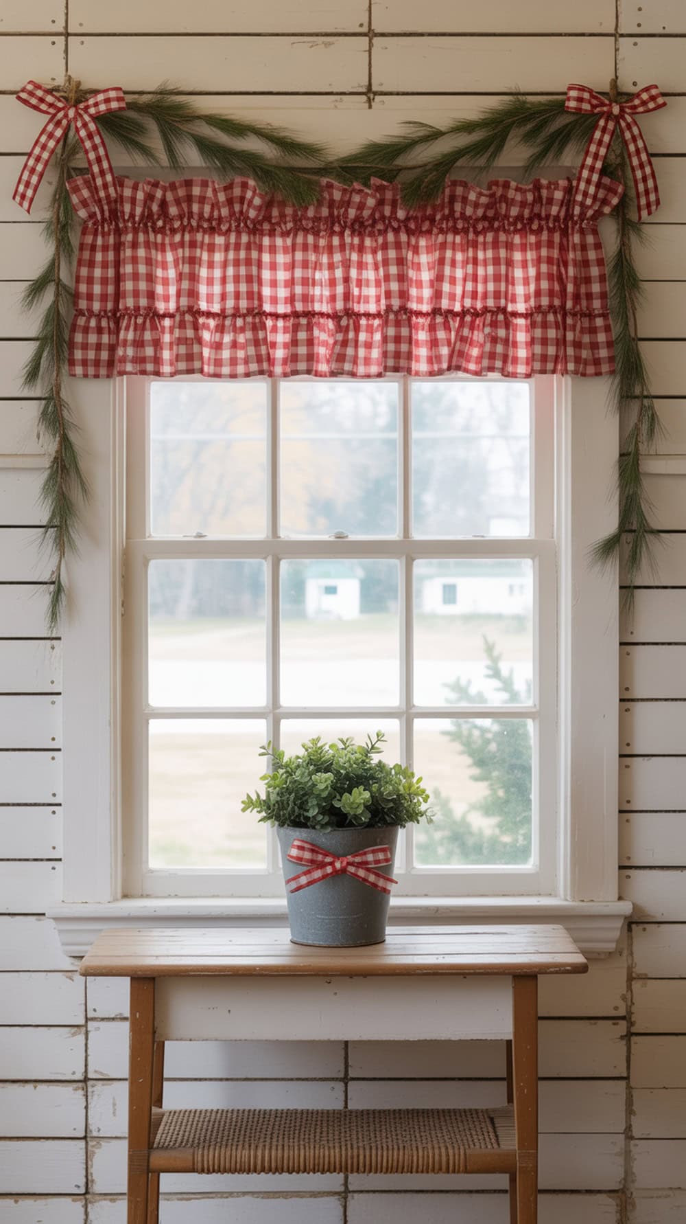 A window with a red and white check valance, decorated with pine garland and a potted plant on a rustic table.