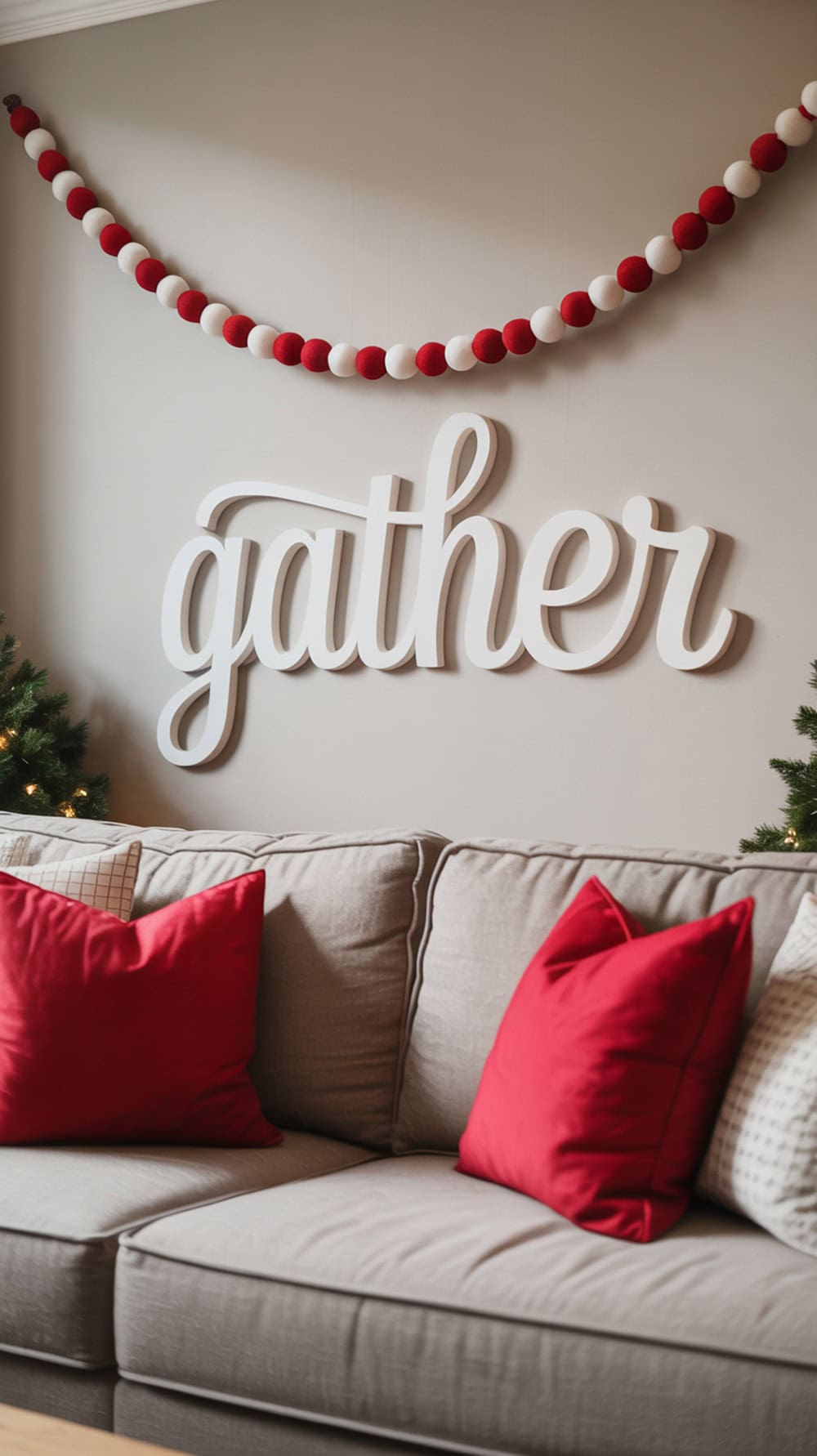 Felt garland in red and white draped over a couch with red pillows and a 'gather' sign on the wall.