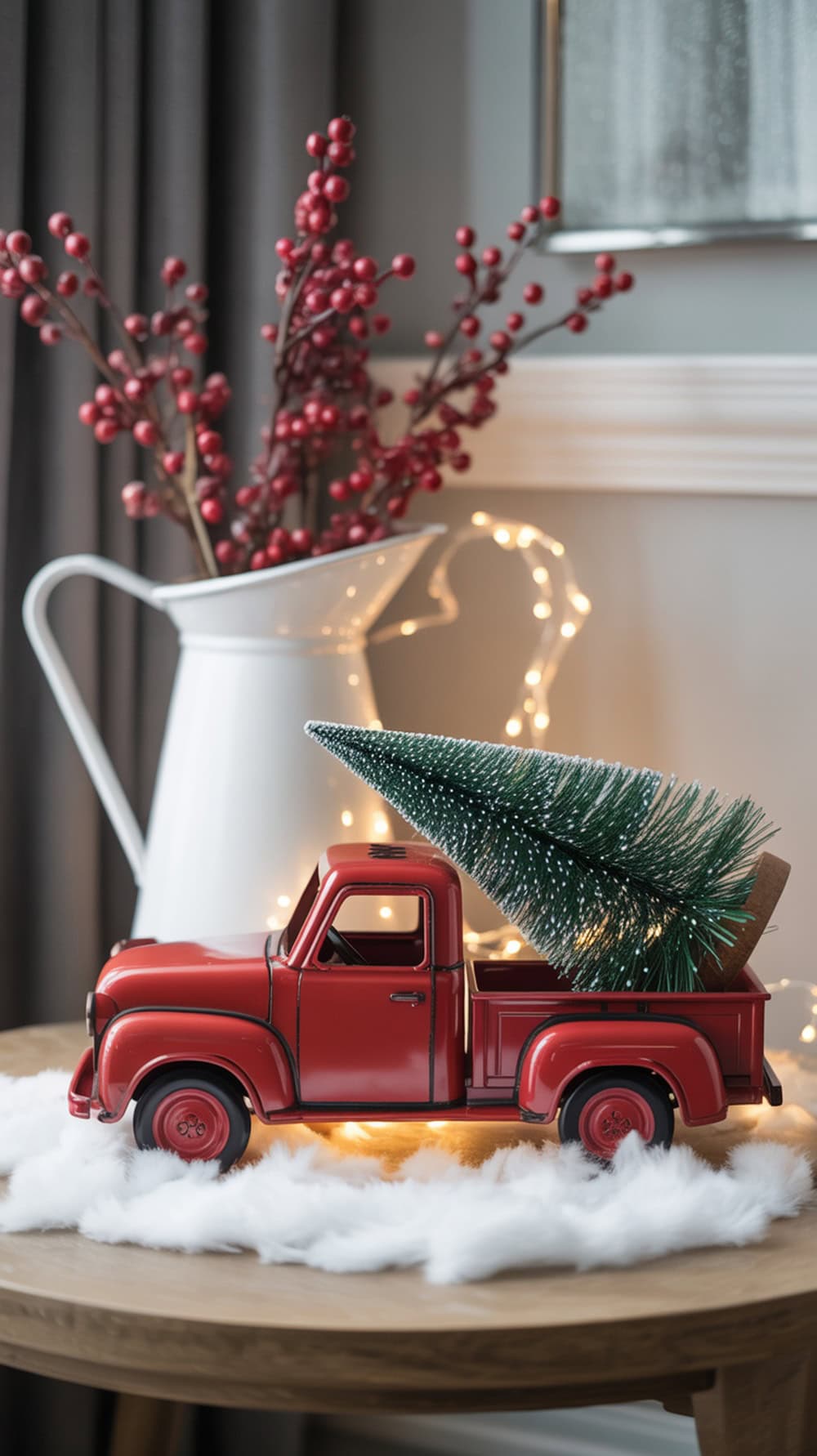 A vintage red truck with a small green tree in the back, surrounded by white fluff and twinkling lights.