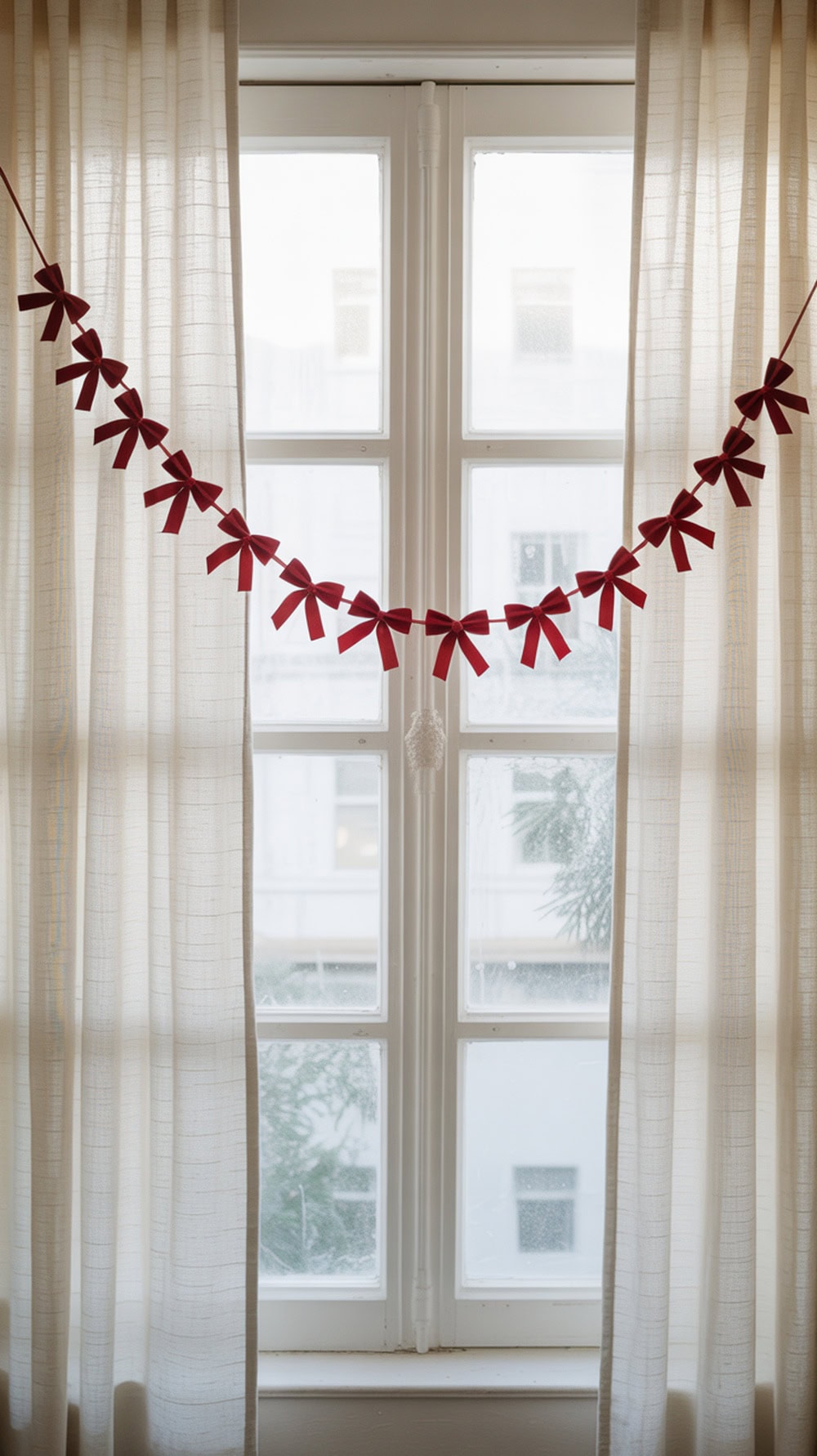 A garland of tiny red bows hanging across a window with sheer curtains.