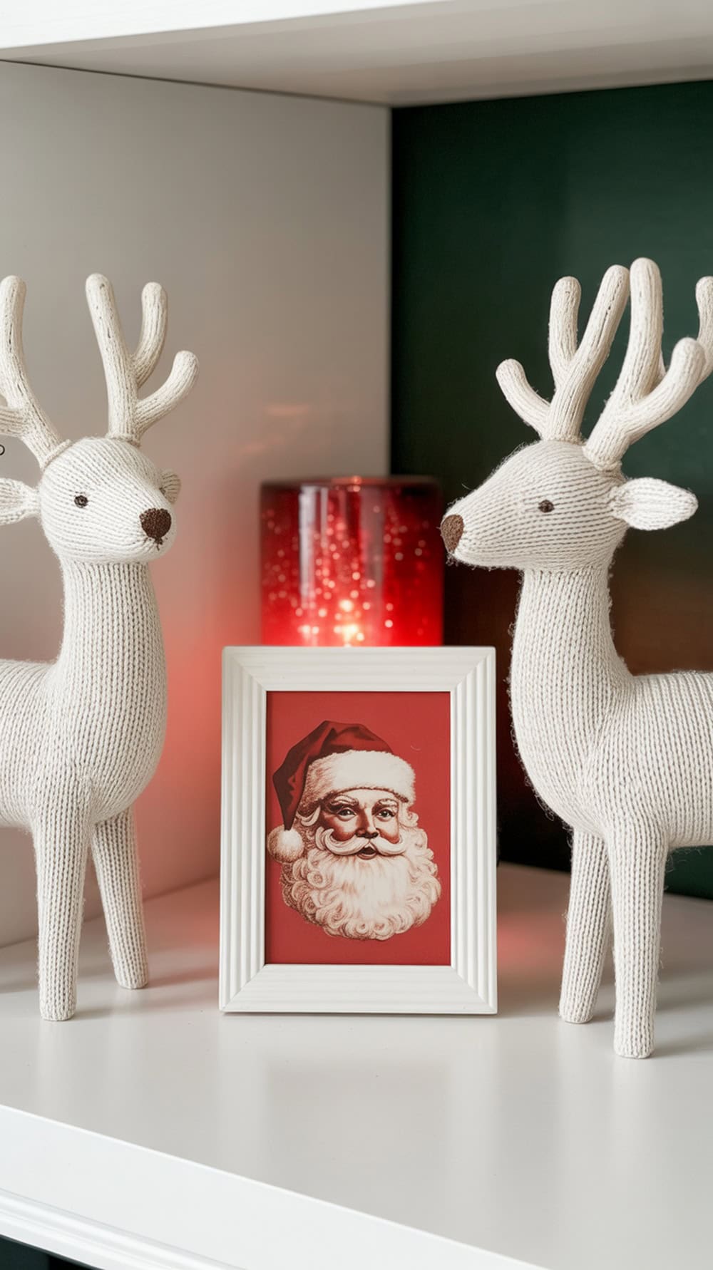 A framed Santa print surrounded by knitted reindeer and a red candle on a white shelf.