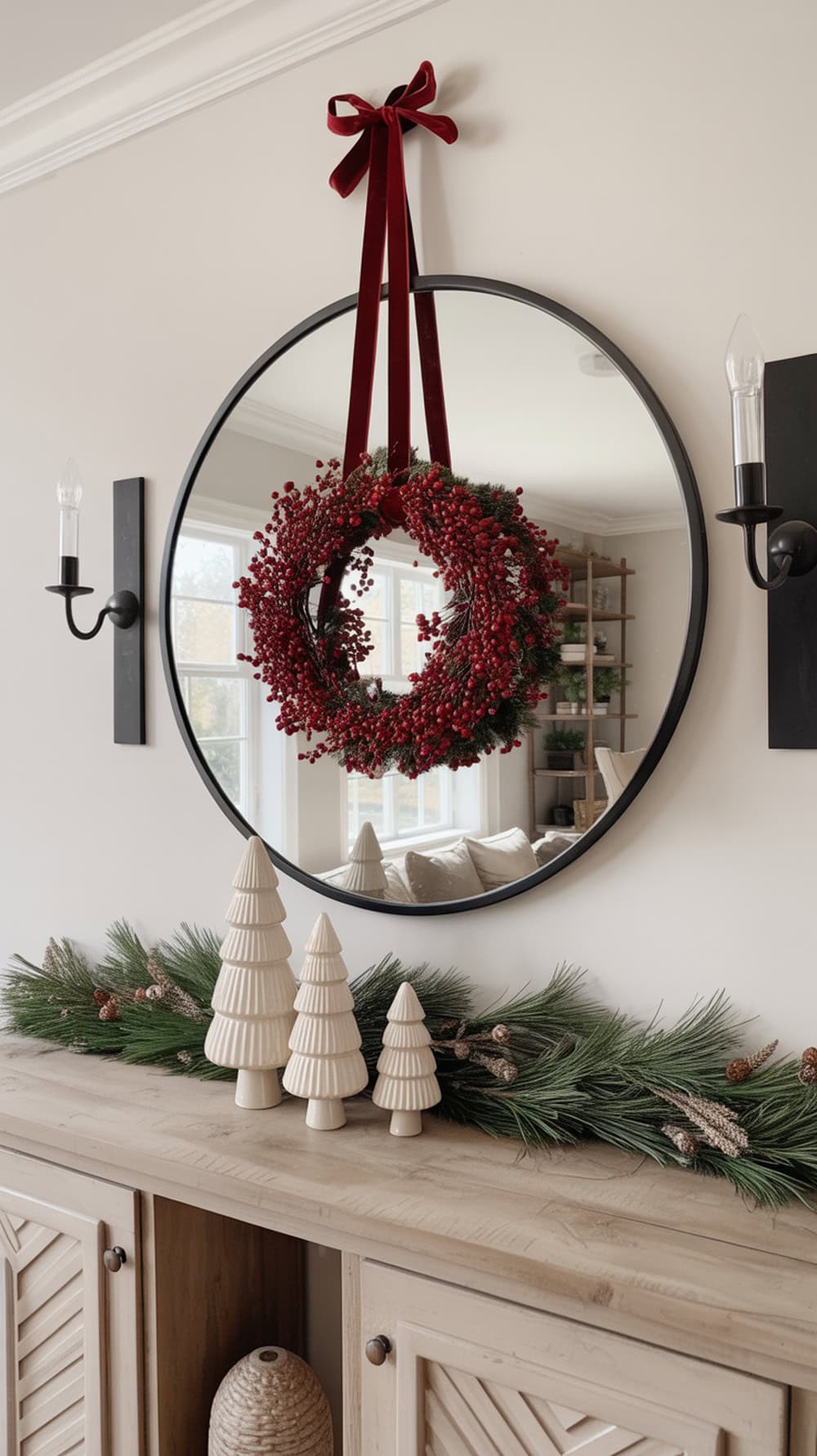 A red berry wreath hanging above a round mirror in a modern farmhouse living room, with white decorative trees on a console table.
