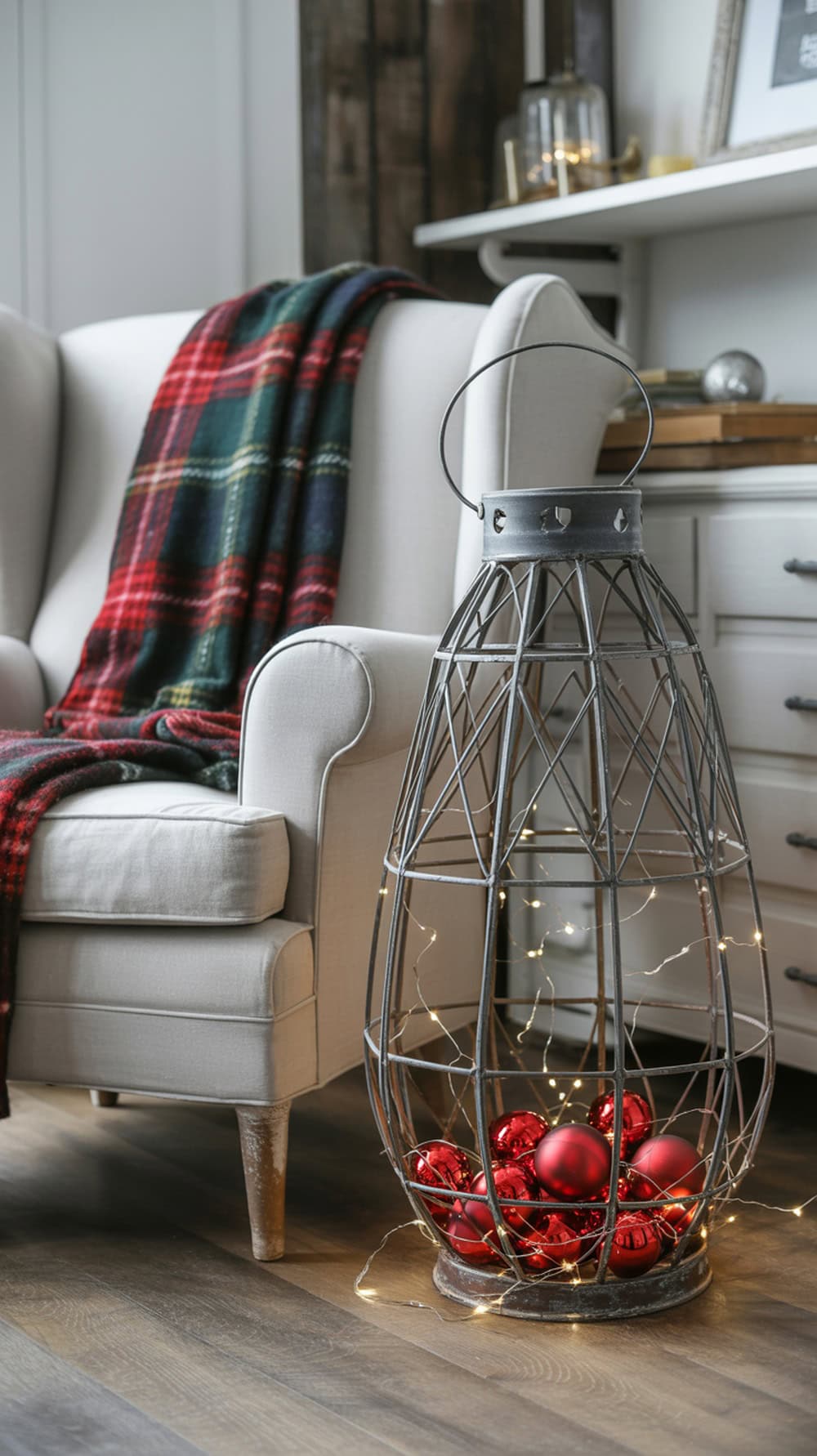 A modern farmhouse living room with a metal lantern filled with red ornaments and fairy lights, next to a cozy armchair draped with a plaid blanket.