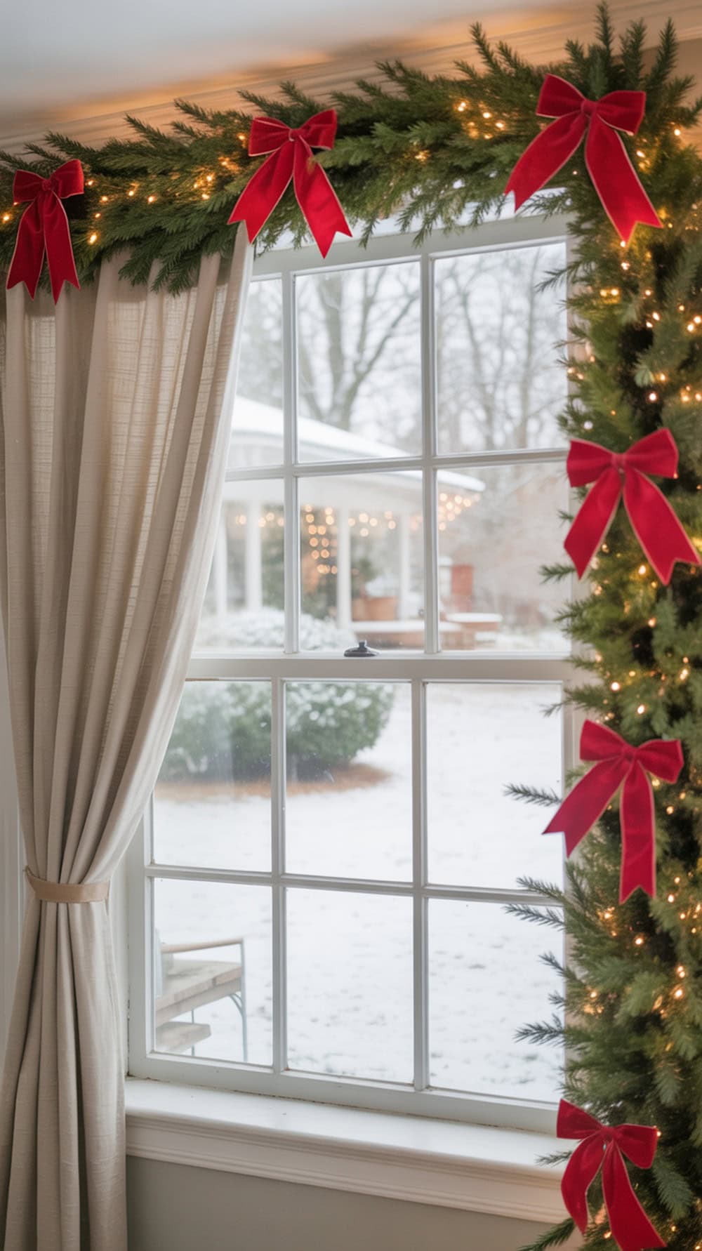A window decorated with red and white garland featuring bows and lights, surrounded by neutral curtains.