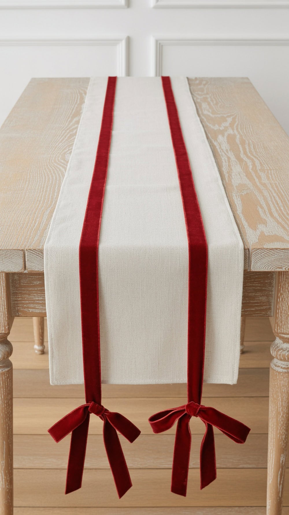 Layered white table runner with red velvet bows on a wooden table