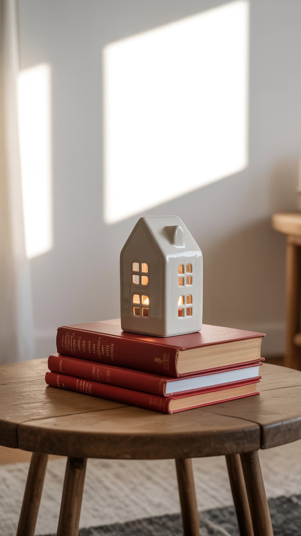 A stack of red books topped with a white ceramic house on a wooden table.