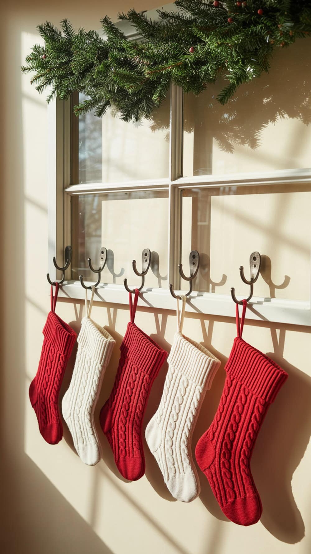 Red and white knit stockings hanging on hooks by a window, decorated with a greenery garland above.
