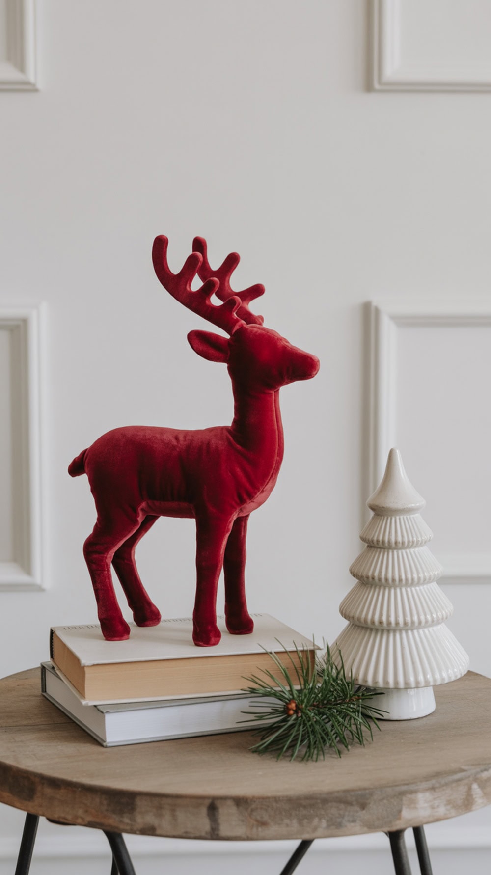 A red velvet reindeer figurine on a stack of books, next to a white ceramic tree and a sprig of pine on a wooden table.