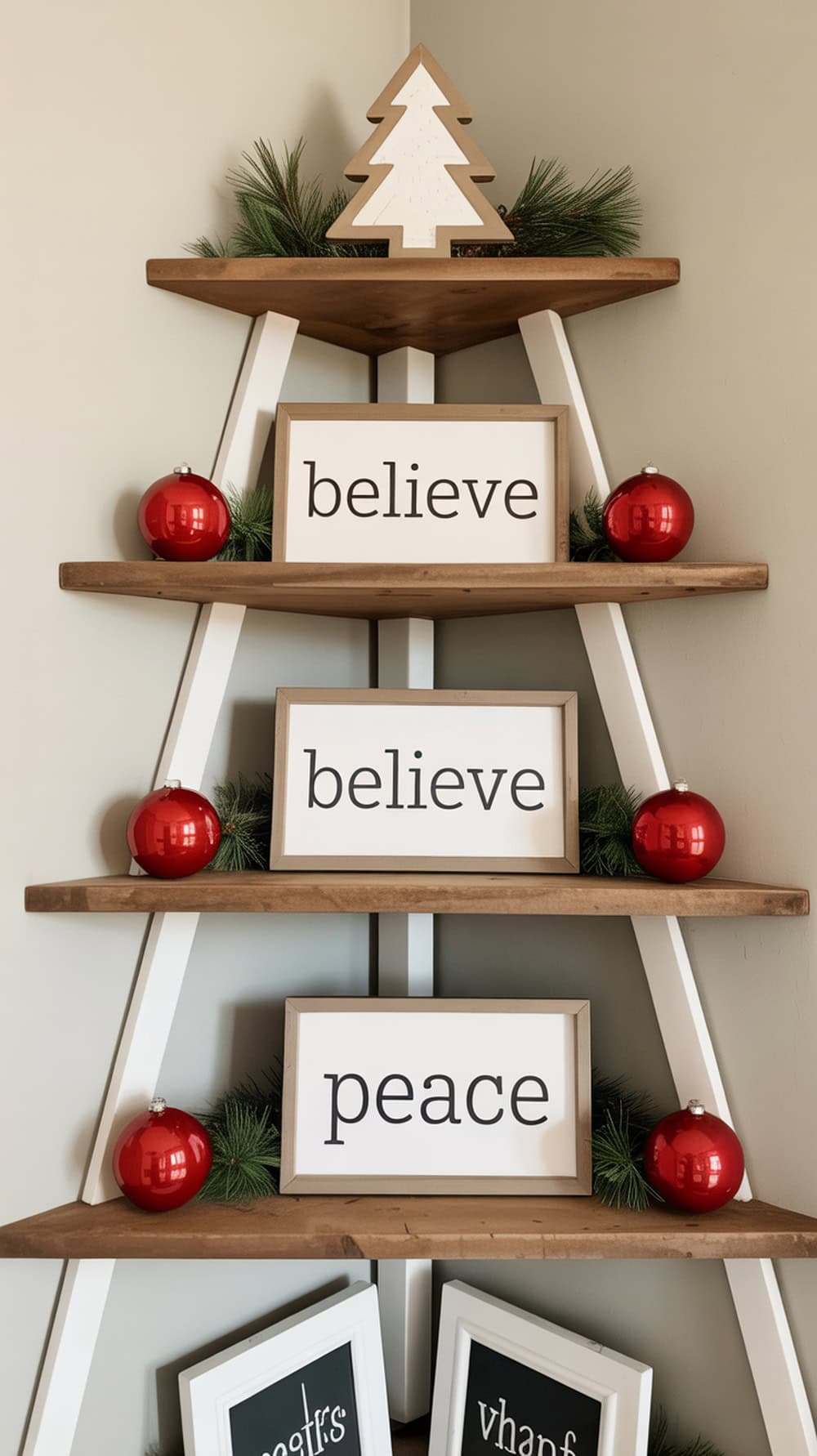 A tiered shelf decorated with holiday signs and red ornaments, featuring words like 'believe' and 'peace.'