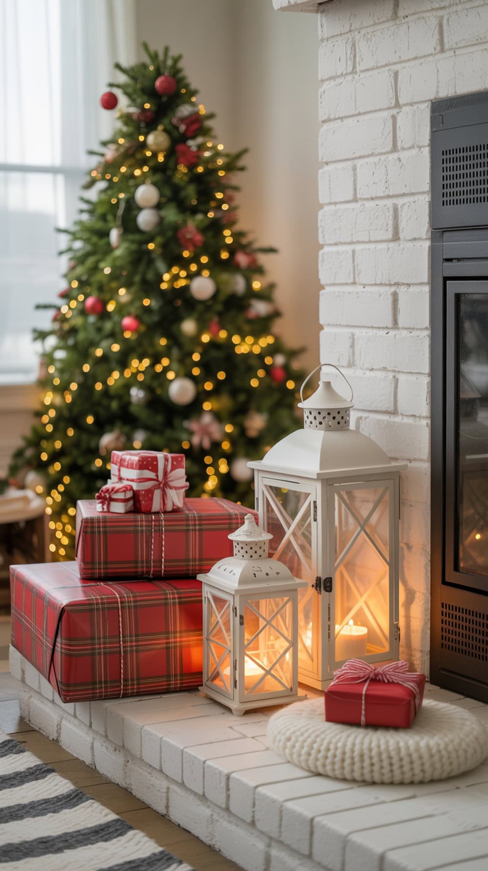 Cozy fireplace hearth decorated for Christmas with presents and lanterns