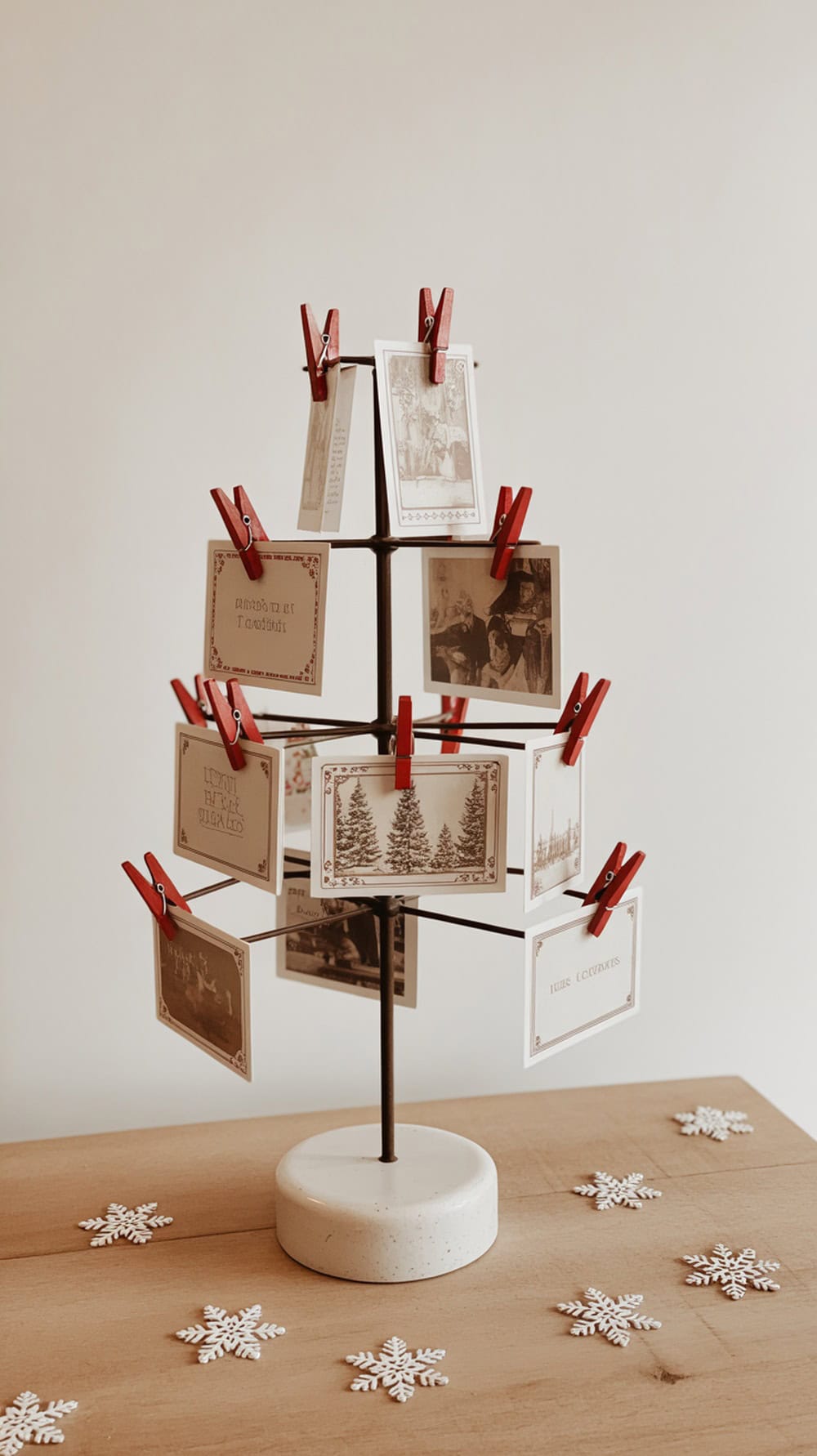 A Christmas card display with red clips on a tree-like stand, surrounded by white snowflake decorations on a wooden table.