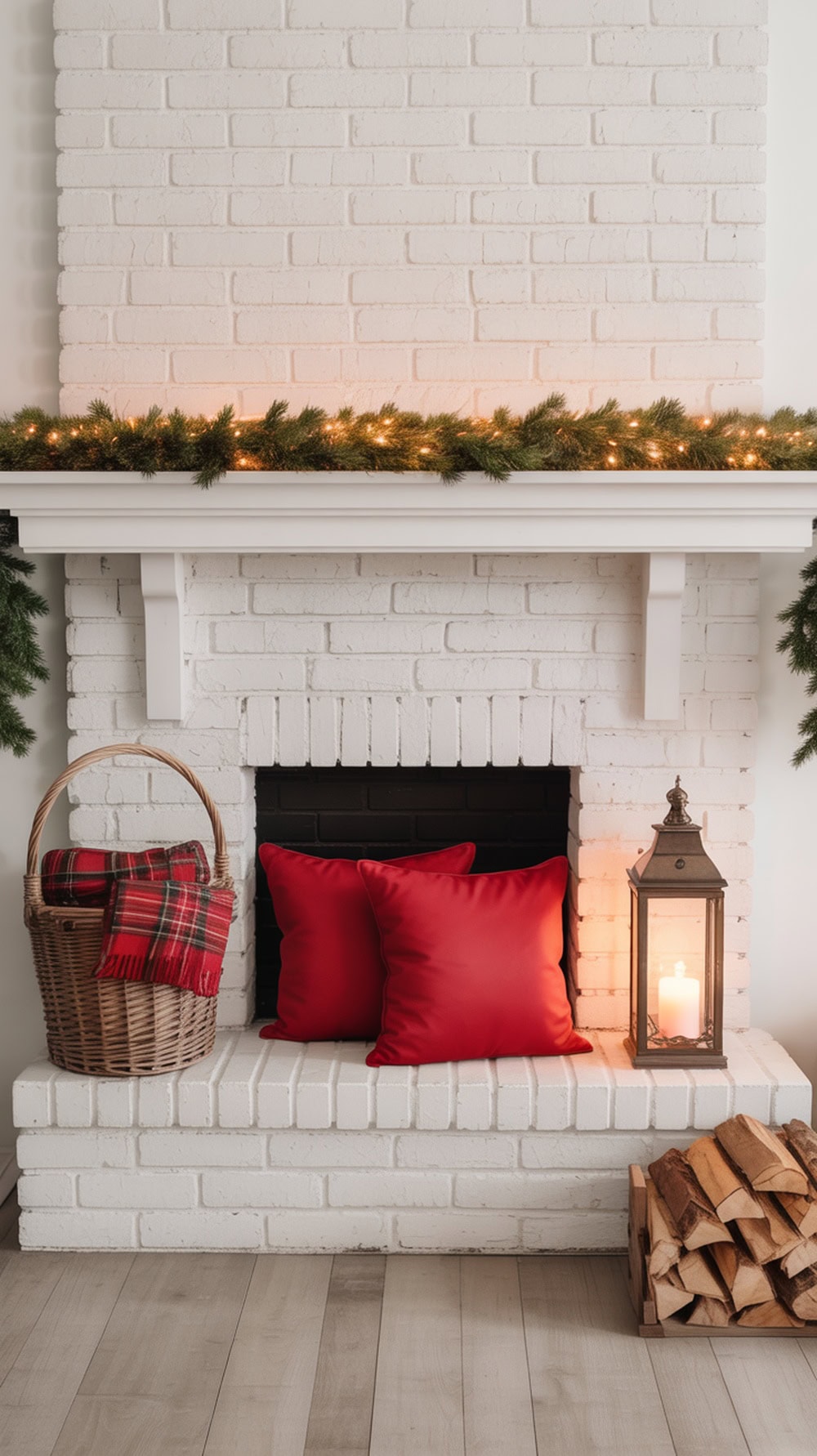 A cozy fireplace corner with red pillows, a plaid blanket in a basket, and a lantern, decorated for Christmas.