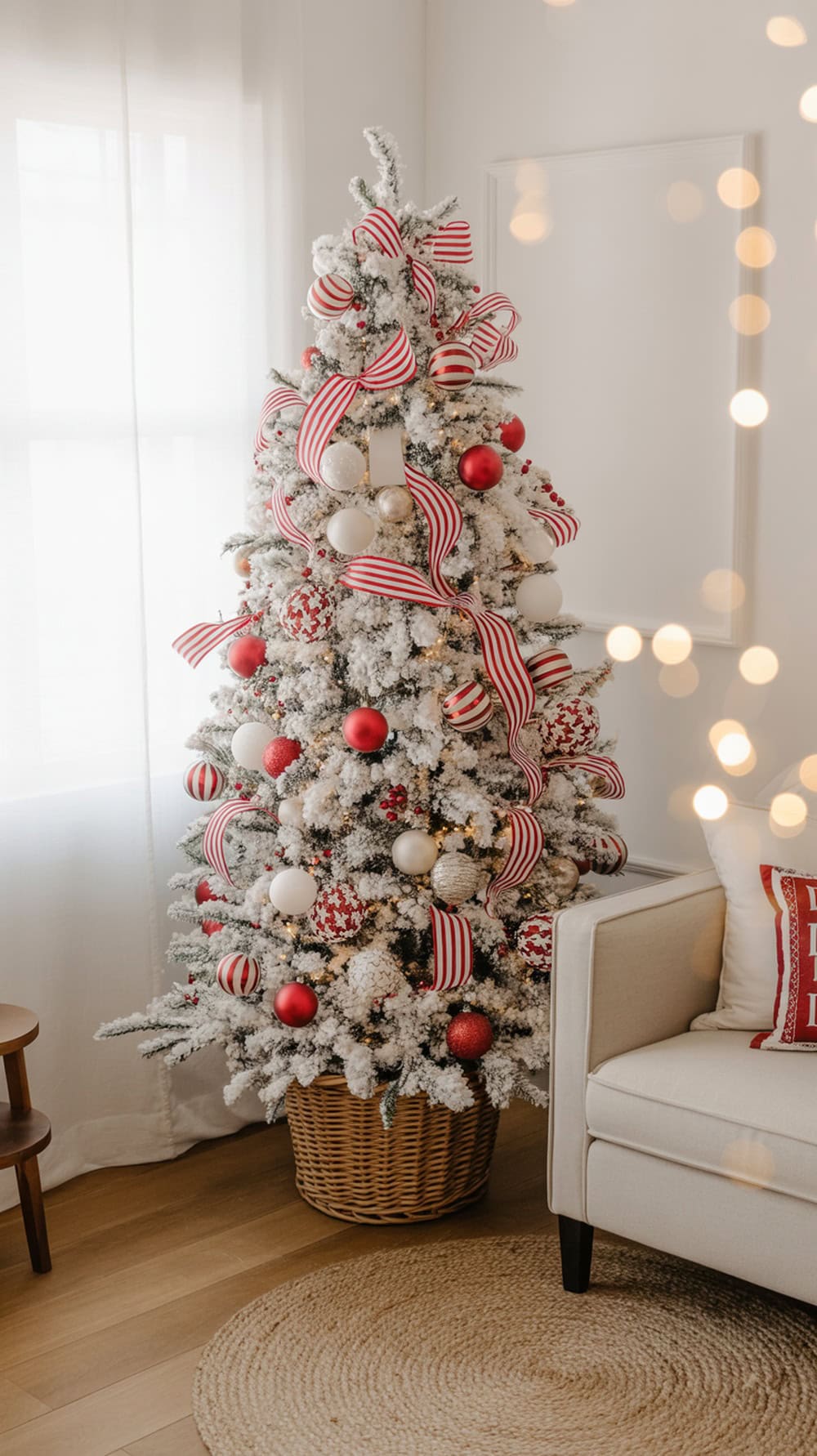 A beautifully decorated Christmas tree with red and white ornaments in a modern farmhouse living room.