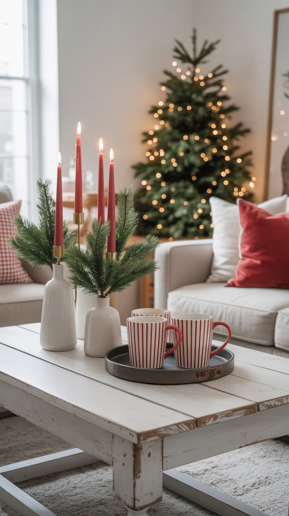 A cozy living room featuring a white coffee table with red candles, greenery, and striped mugs.