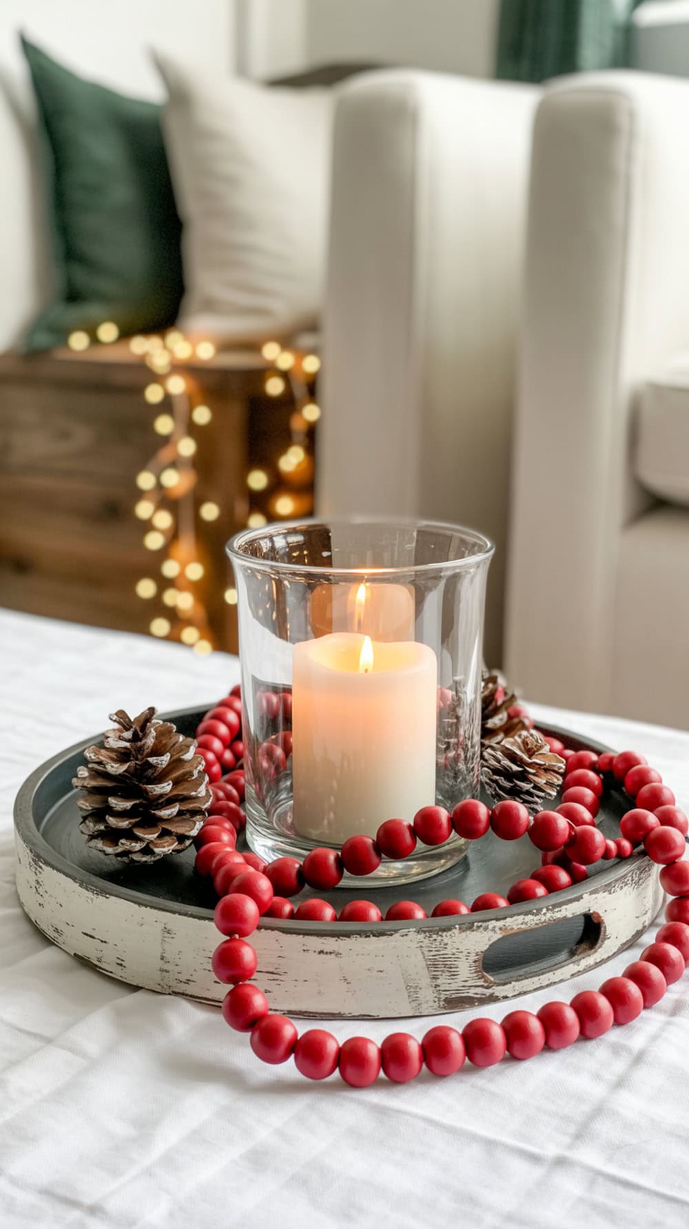 A wooden tray with red bead garland, a candle, and pinecones on a living room table