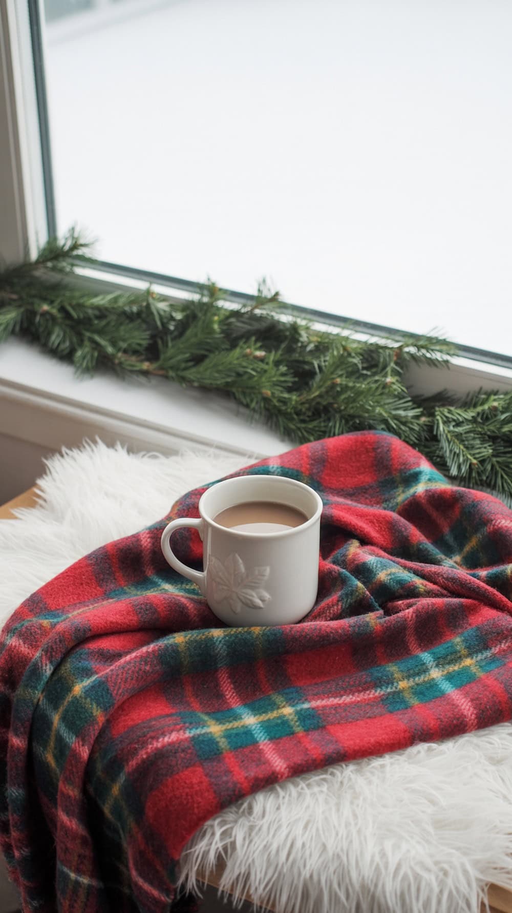 A cozy window seat with a red plaid blanket layered over a white fur throw, accompanied by a cup of coffee and green garland.