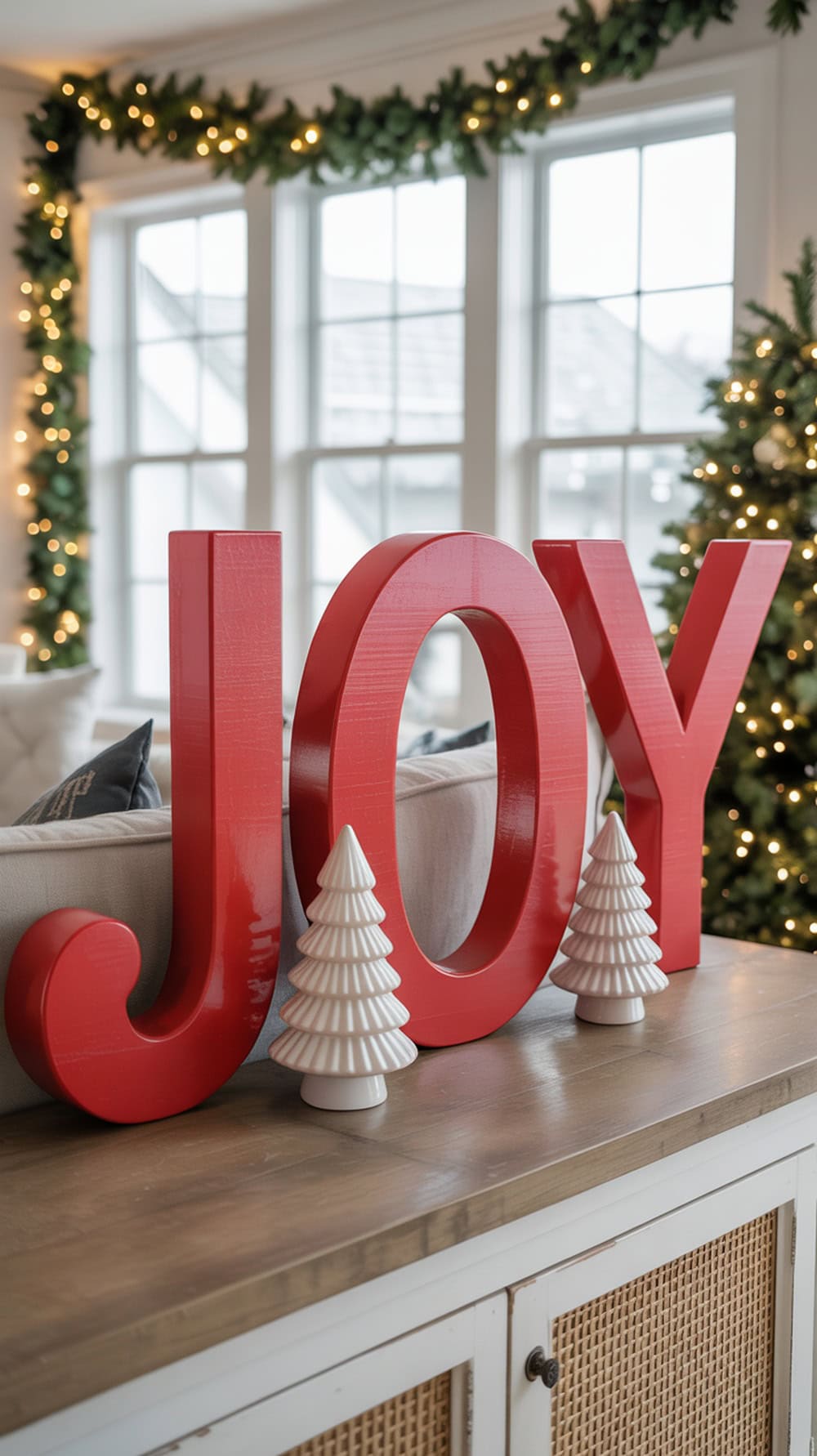 Red 'Joy' letters displayed on a table with white ceramic trees and holiday decor in a modern farmhouse living room.