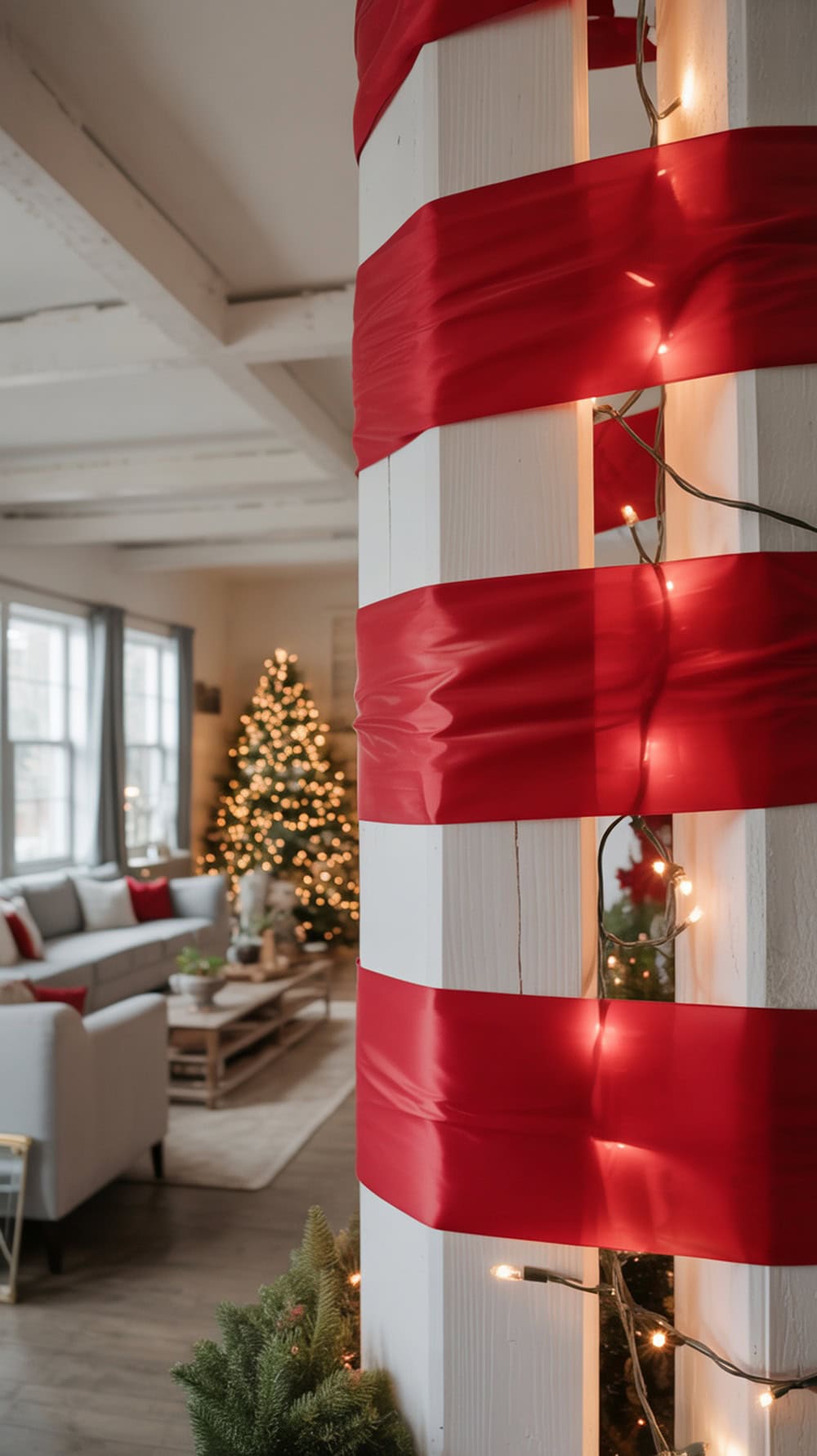 Pillars wrapped in red ribbon with string lights in a modern farmhouse living room decorated for Christmas.