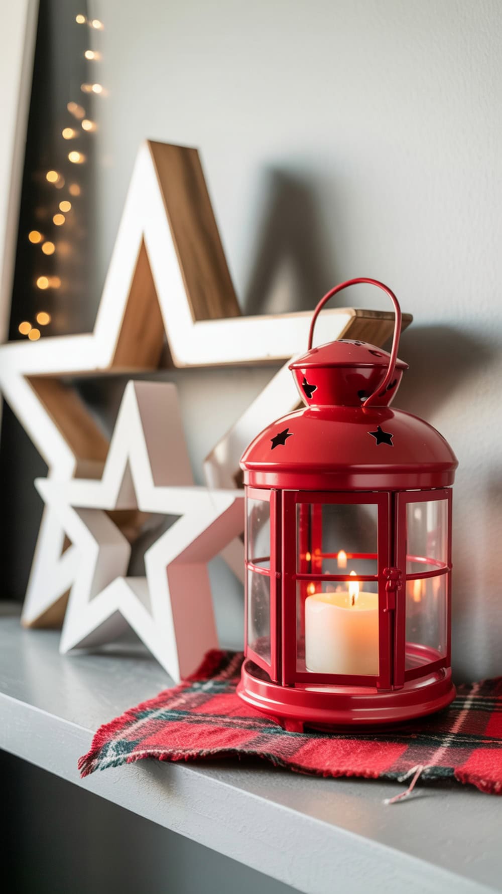 A red lantern with a candle inside, placed on a shelf with white star decorations and a plaid blanket.