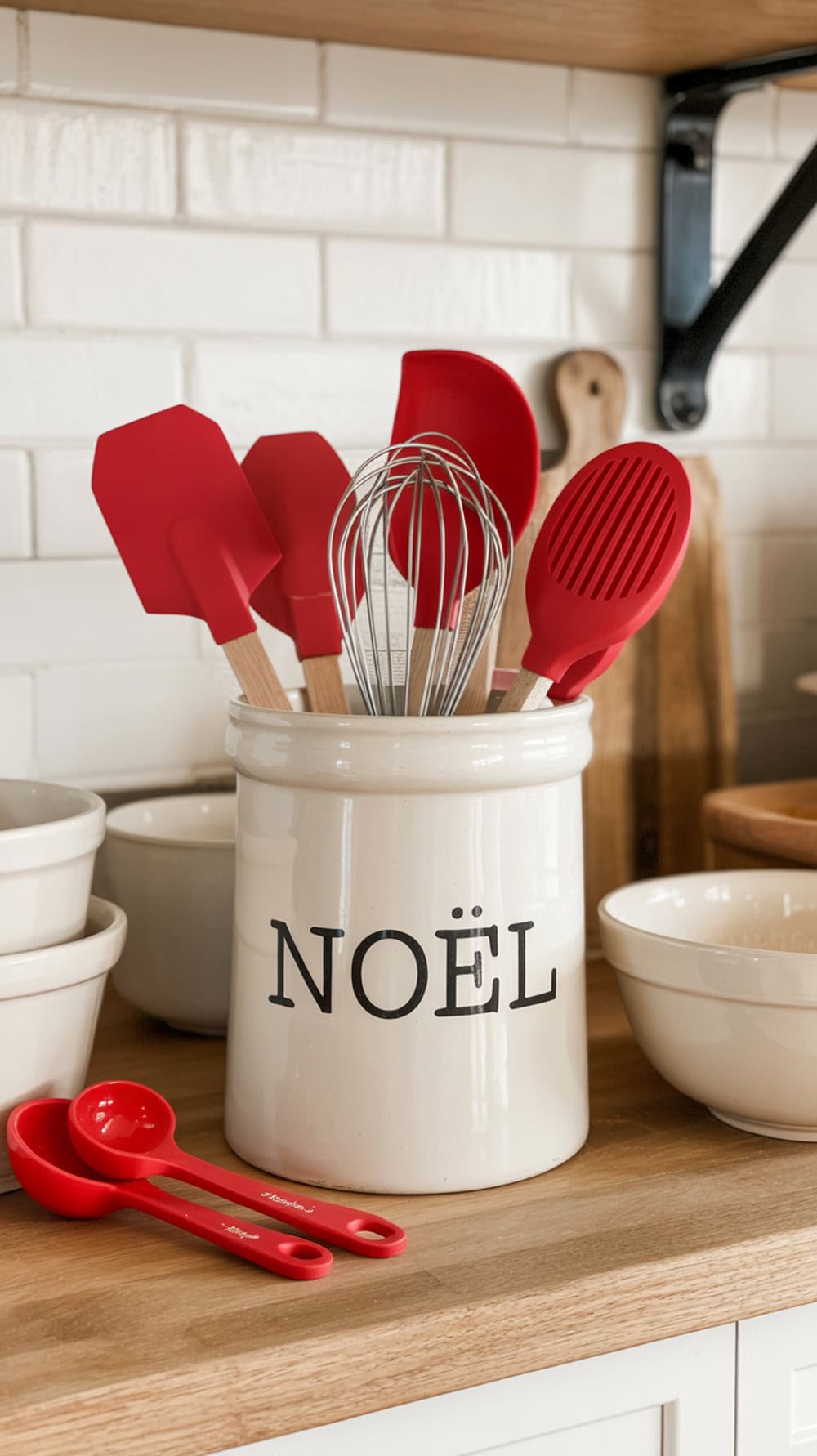 A festive kitchen scene featuring a red spatula crock filled with red kitchen utensils, surrounded by red and white bowls on a wooden countertop.