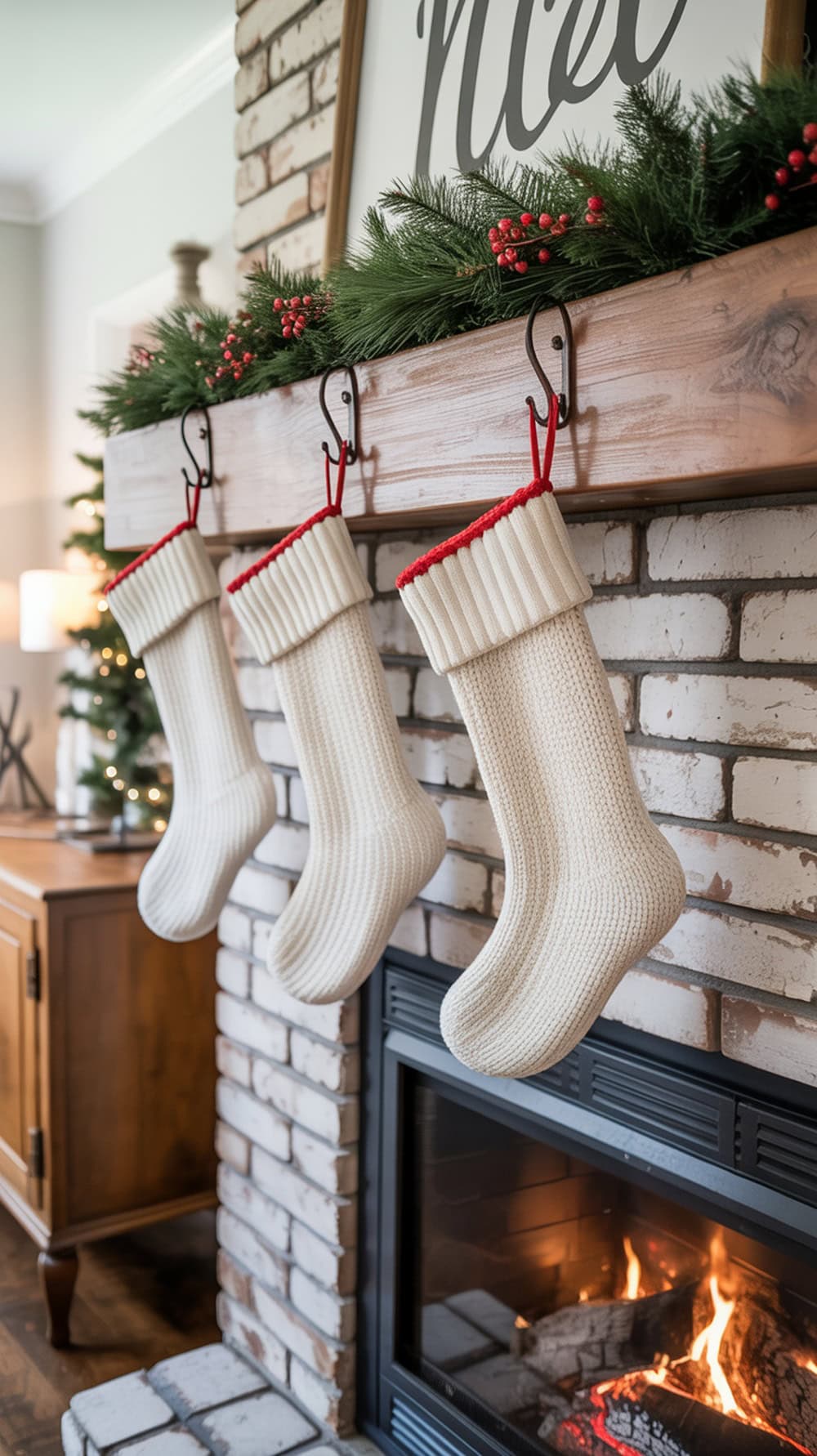 A modern farmhouse mantel decorated with red and white stockings, a wooden mantel, and a brick fireplace.