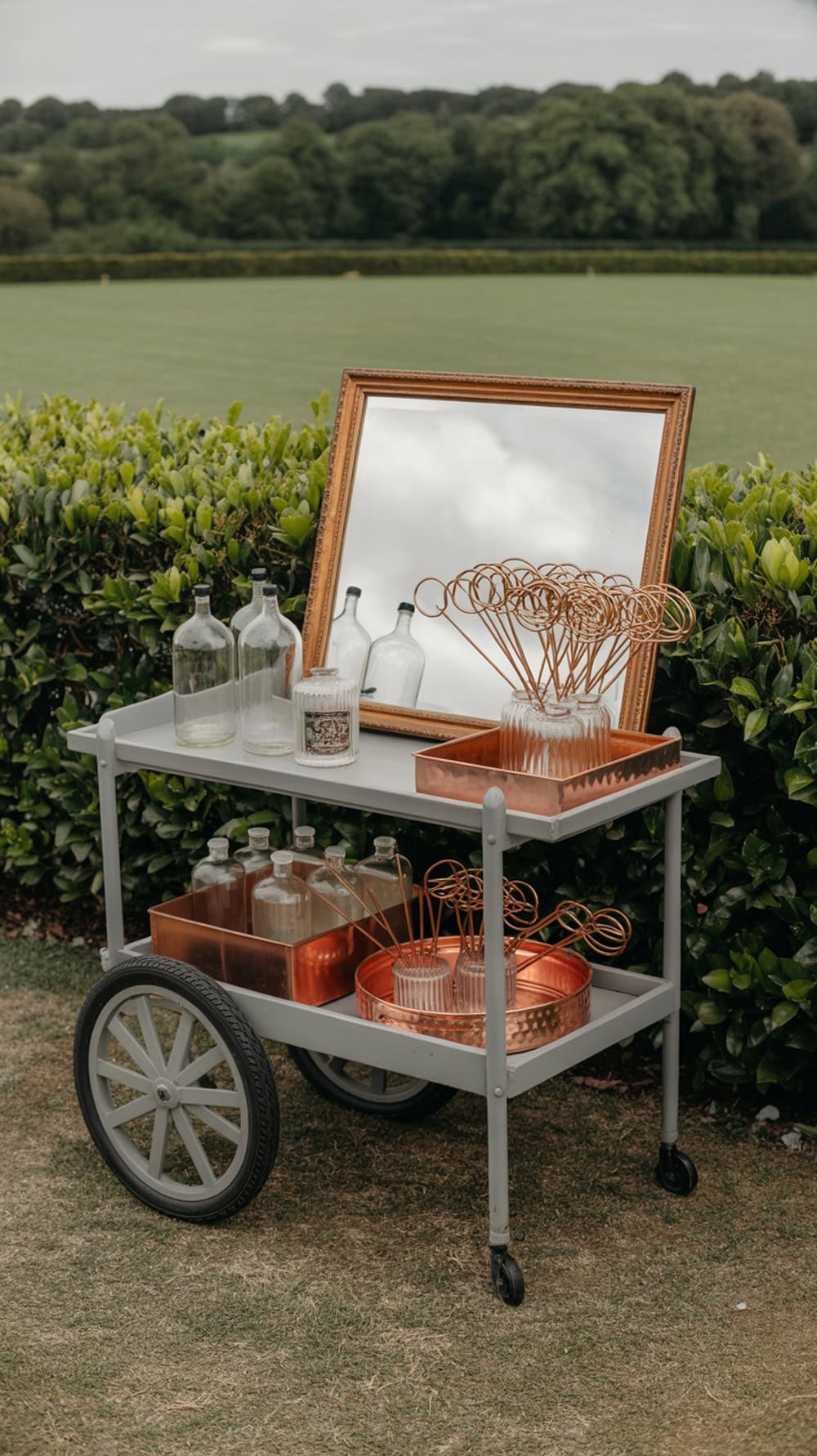 A wedding cart with bubble wands and bottles, set against a green landscape.