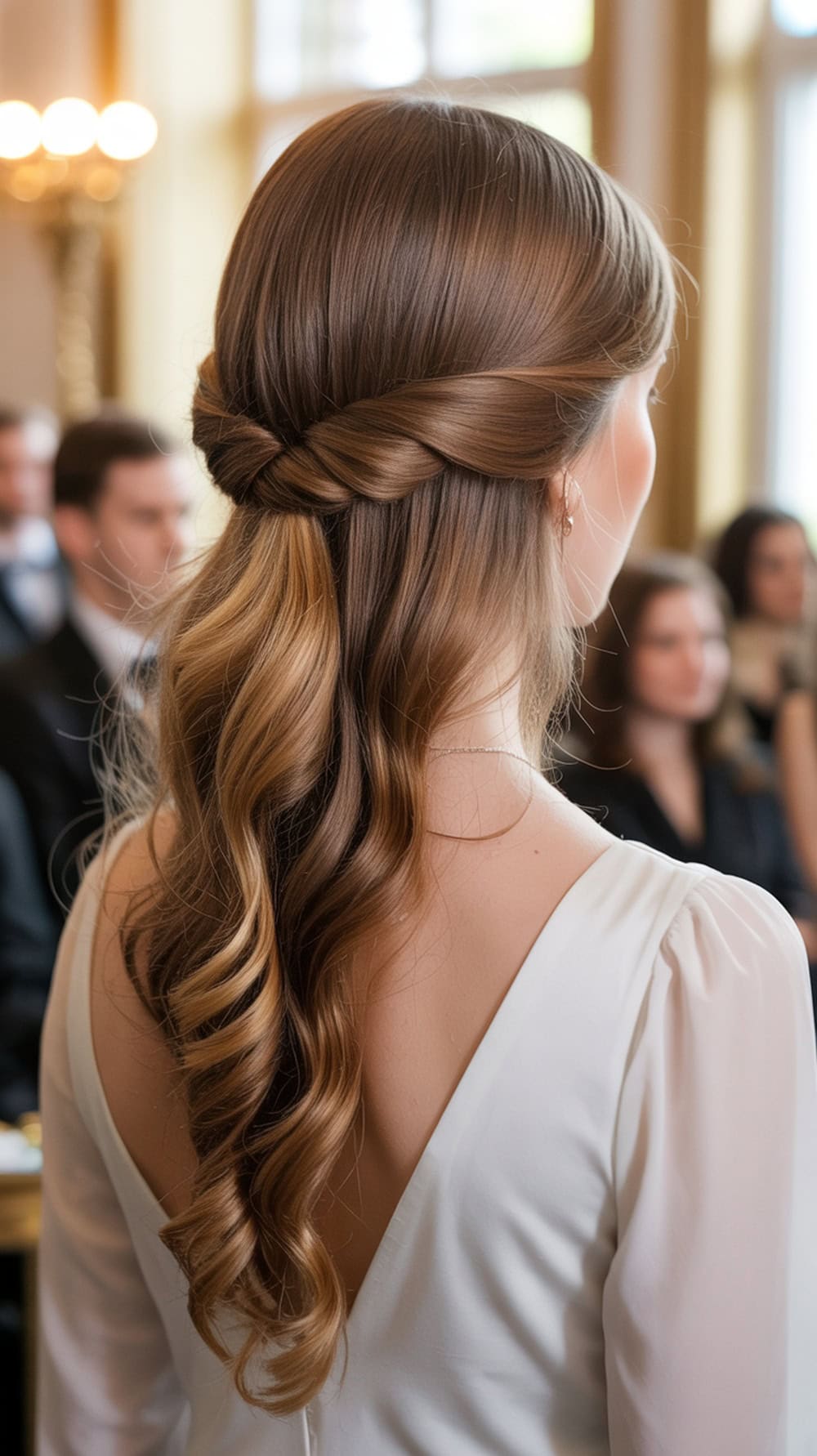 A woman with long wavy hair styled in a French twist with loose waves at the ends, showcasing a sophisticated bridal look.