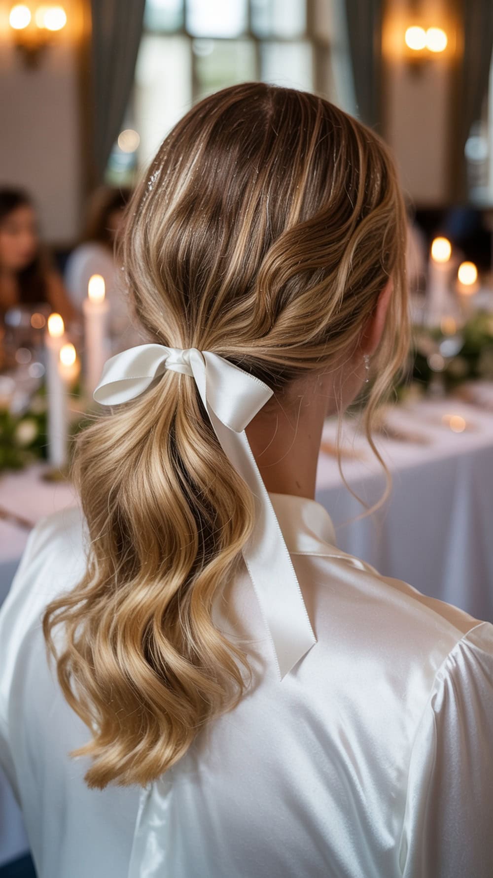 A woman with long wavy hair styled in a ponytail, tied with a white ribbon, sitting at a beautifully set table with candles.