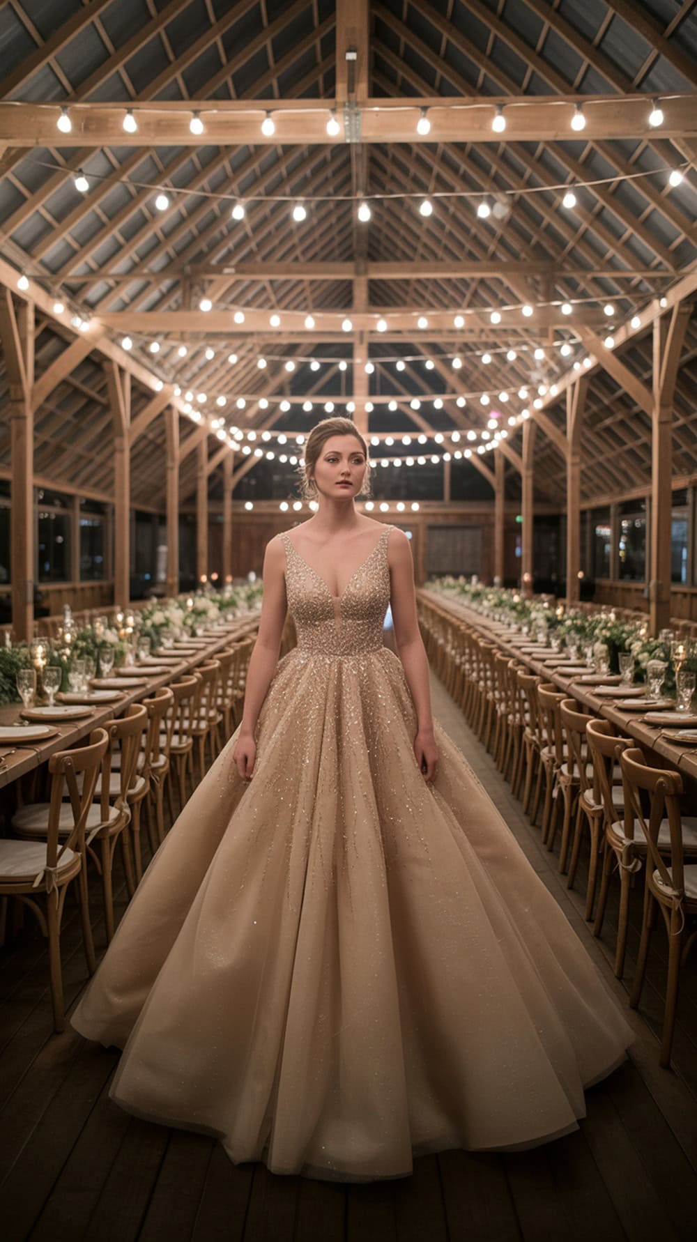 A bride in a golden wedding dress standing in a rustic barn with string lights.