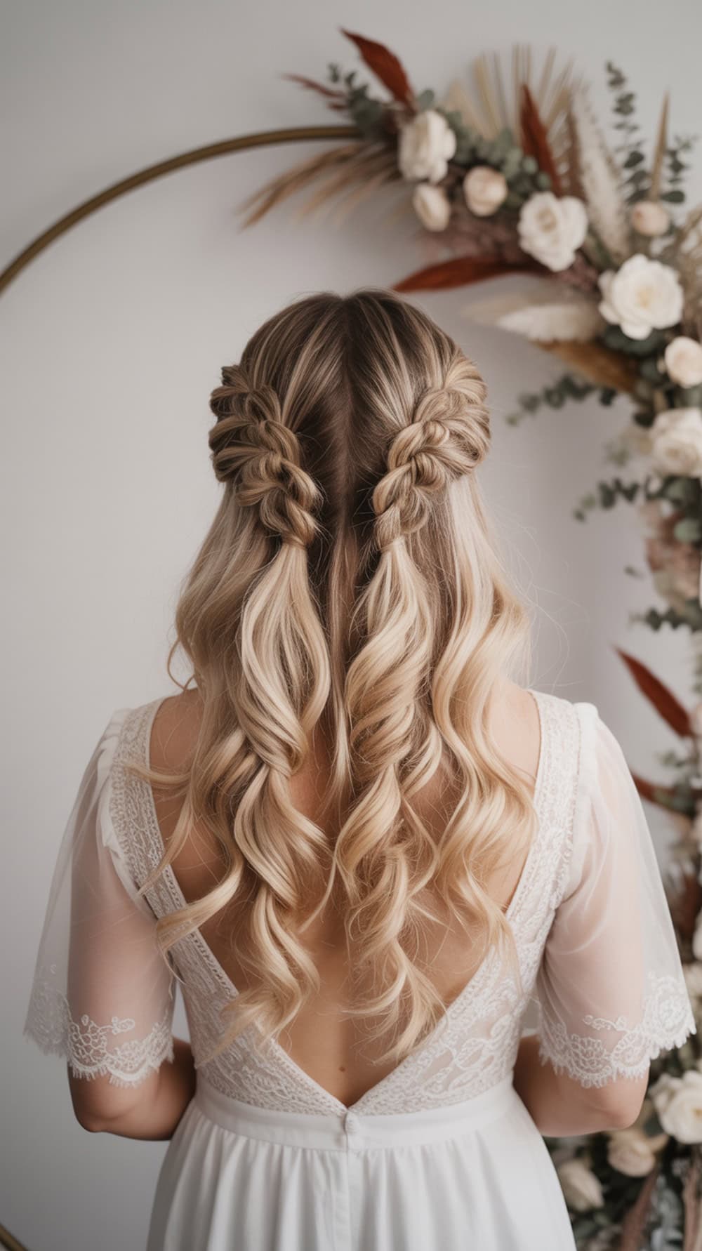 A bride with half-up pull through braids and soft waves, showcasing a romantic hairstyle against a floral backdrop.
