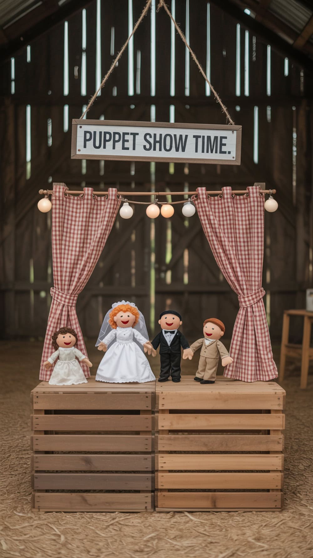 A mini puppet theater with puppets dressed in wedding attire, set up for children's entertainment.