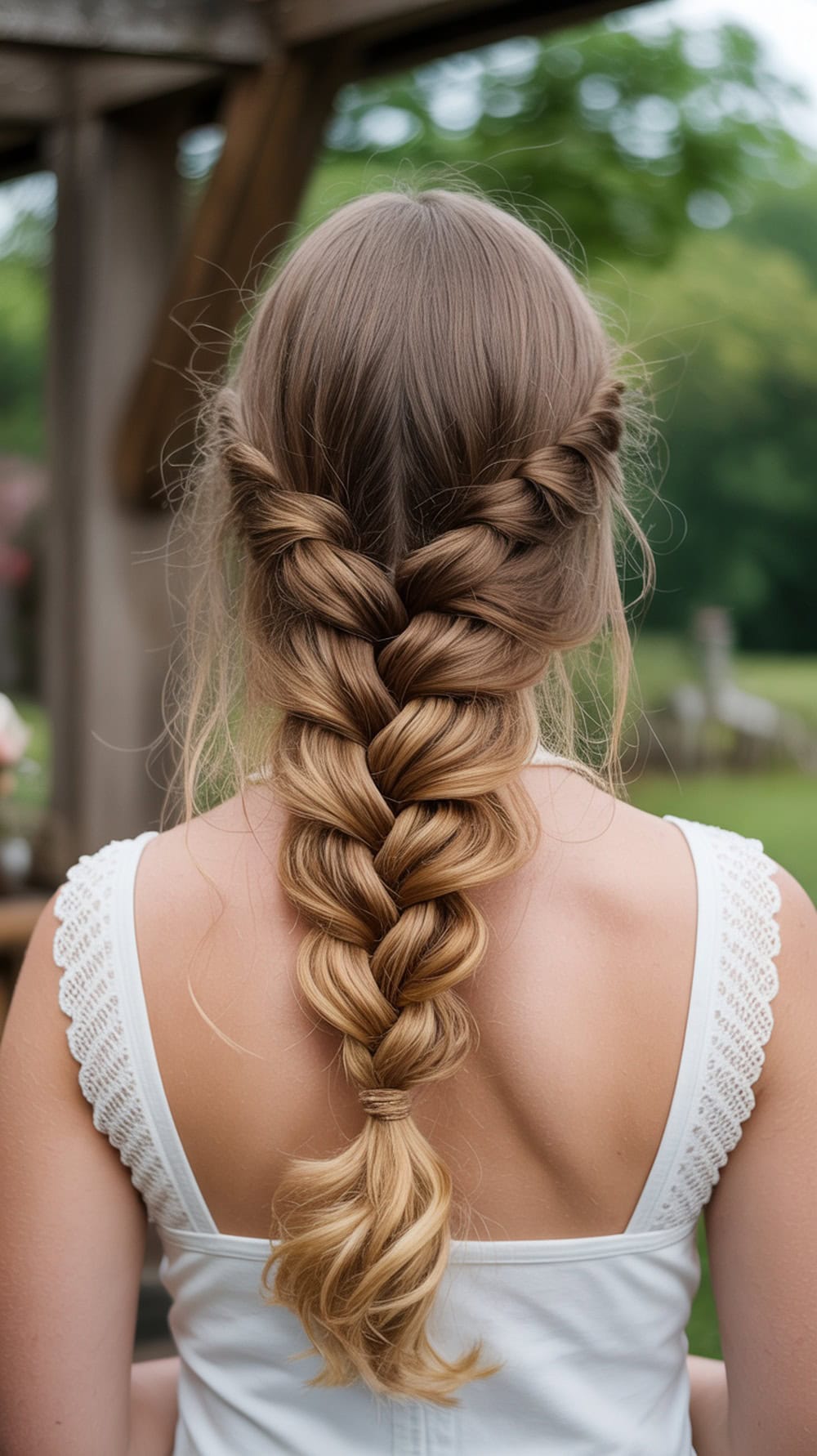 A woman with long wavy hair styled in a half-up fishtail braid, showcasing loose waves.