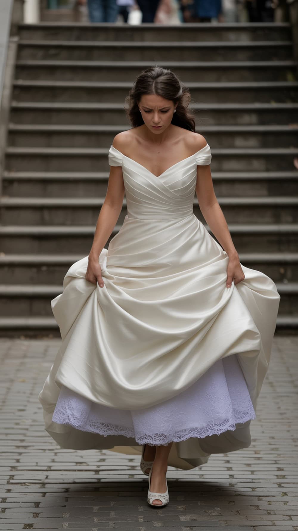 A bride walking down stairs in a heavy wedding dress, looking focused and concerned.