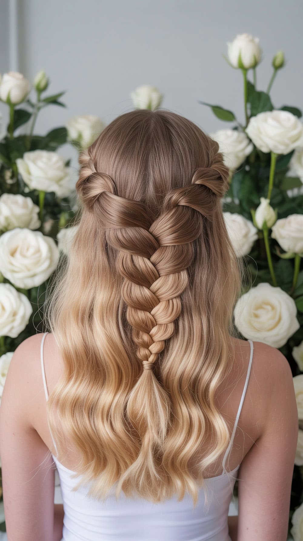 A woman with long hair styled in a ladder braid with draped waves, surrounded by white roses.