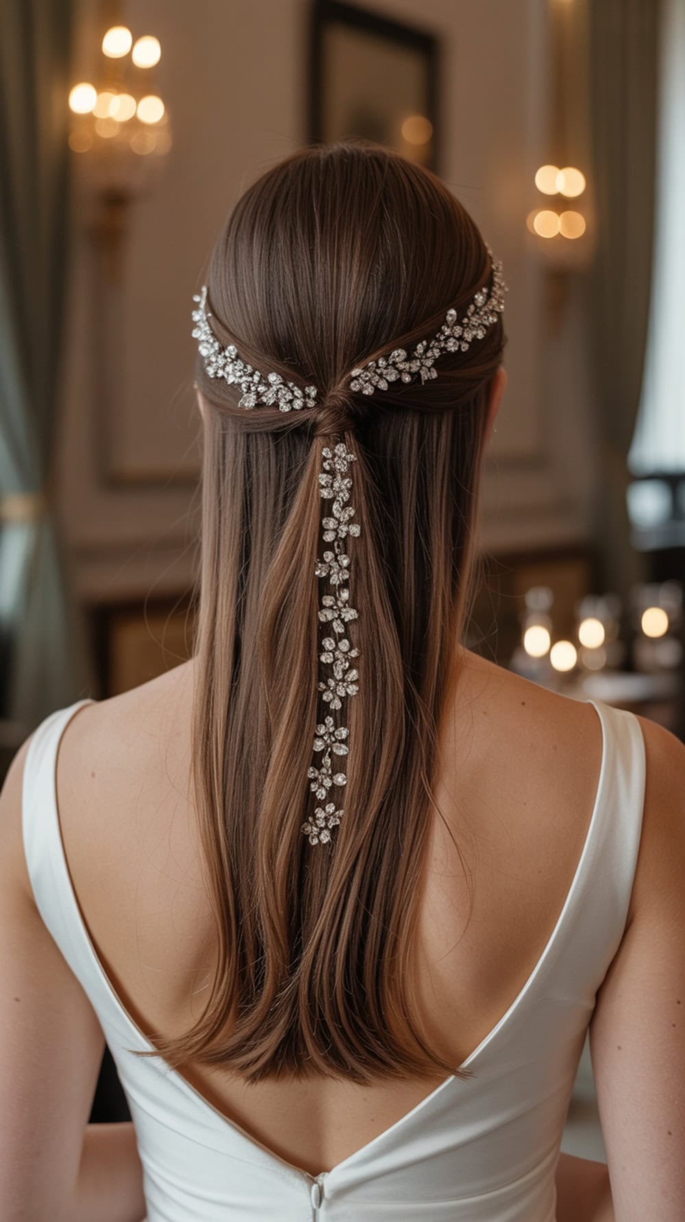 A woman with long straight hair styled with cascading crystal hair pins, showcasing an elegant wedding hairstyle.