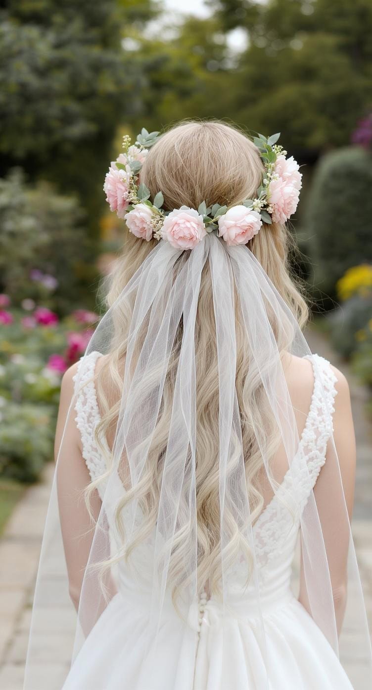 A bride with loose wavy hair adorned with a floral crown and veil, showcasing a romantic wedding hairstyle.