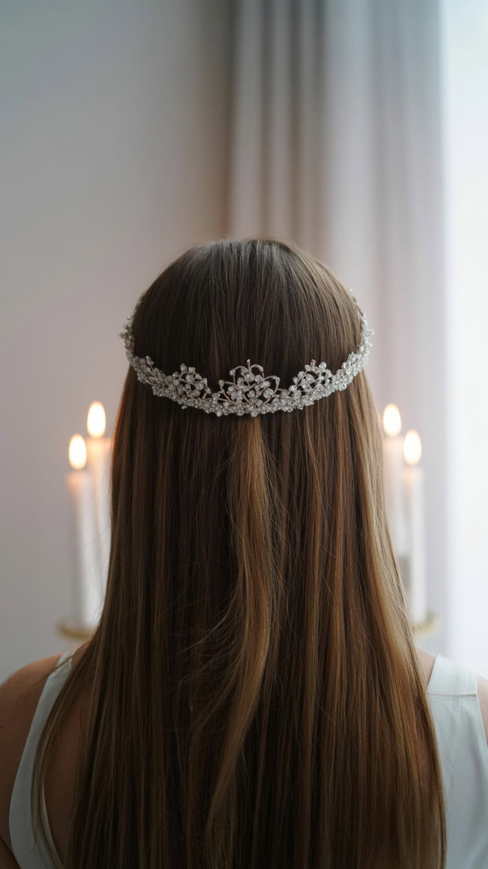 A woman with long straight hair adorned with a delicate back crown tiara, candles softly glowing in the background.
