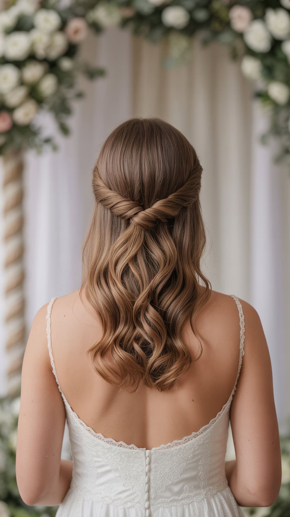 A bride with half-up twisted halo hairstyle, showcasing bare shoulders and soft waves.