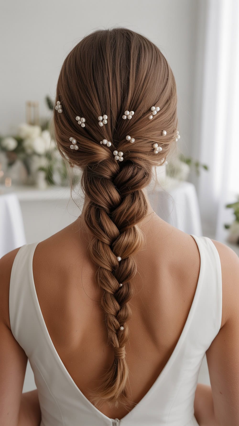 A bride's back view showcasing a classic French braid adorned with pearl pins.