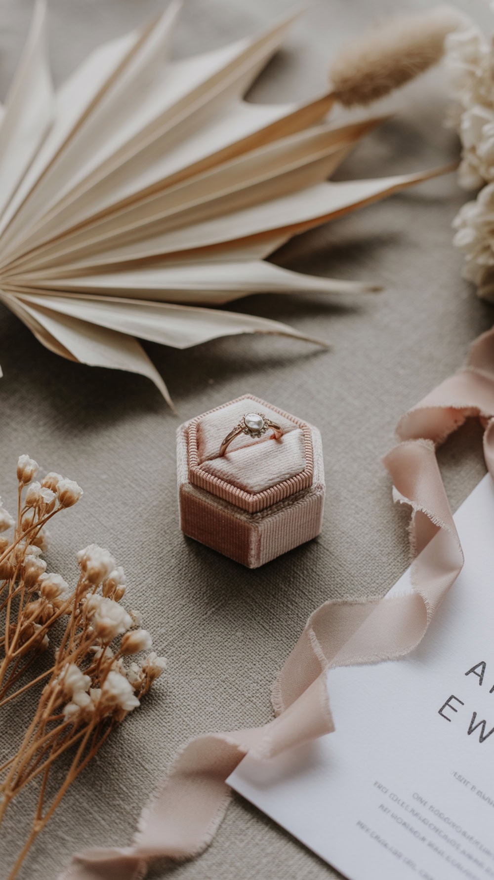 A neutral velvet ring box with a ring inside, surrounded by dried flowers and a ribbon on a textured surface.