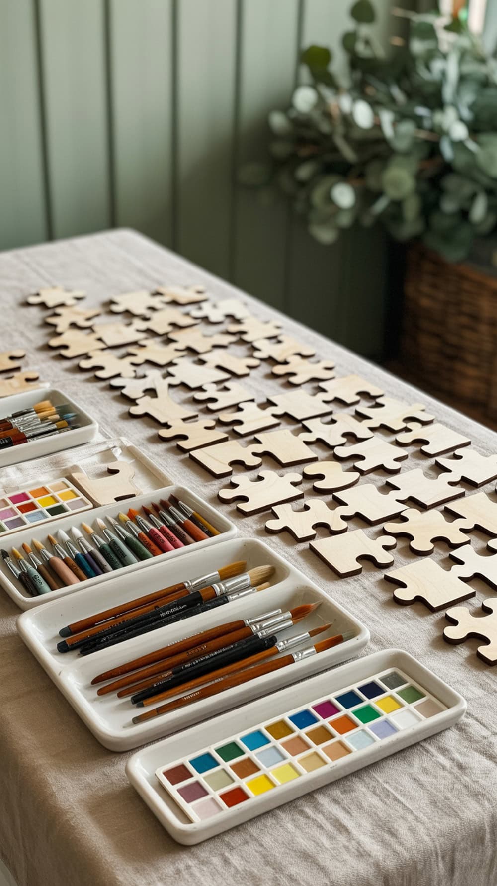 A table set up with wooden puzzle pieces, paintbrushes, and watercolor paints for guests to create art at a wedding.