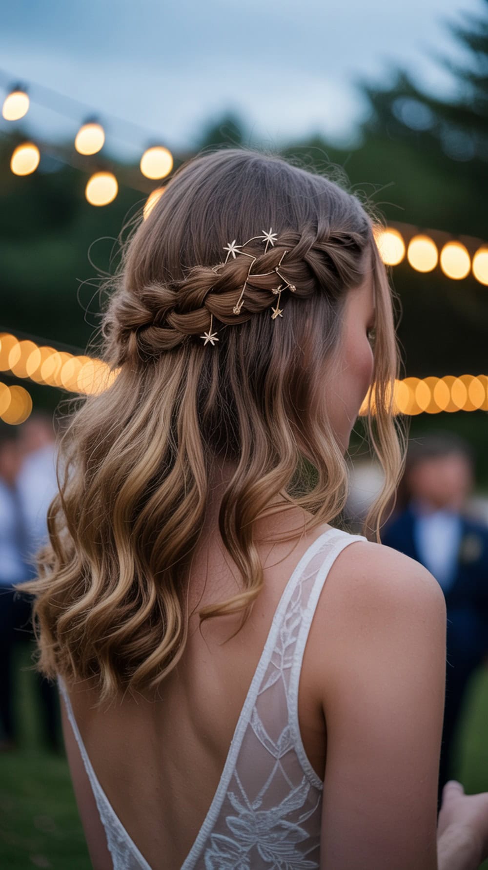 A woman with long wavy hair styled in a halo braid adorned with star pins, set against a backdrop of soft lighting.