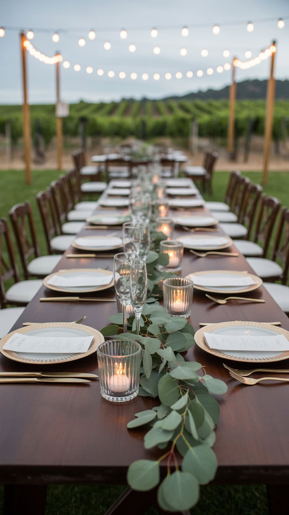 A banquet table decorated with a greenery garland, candles, and elegant dishware.